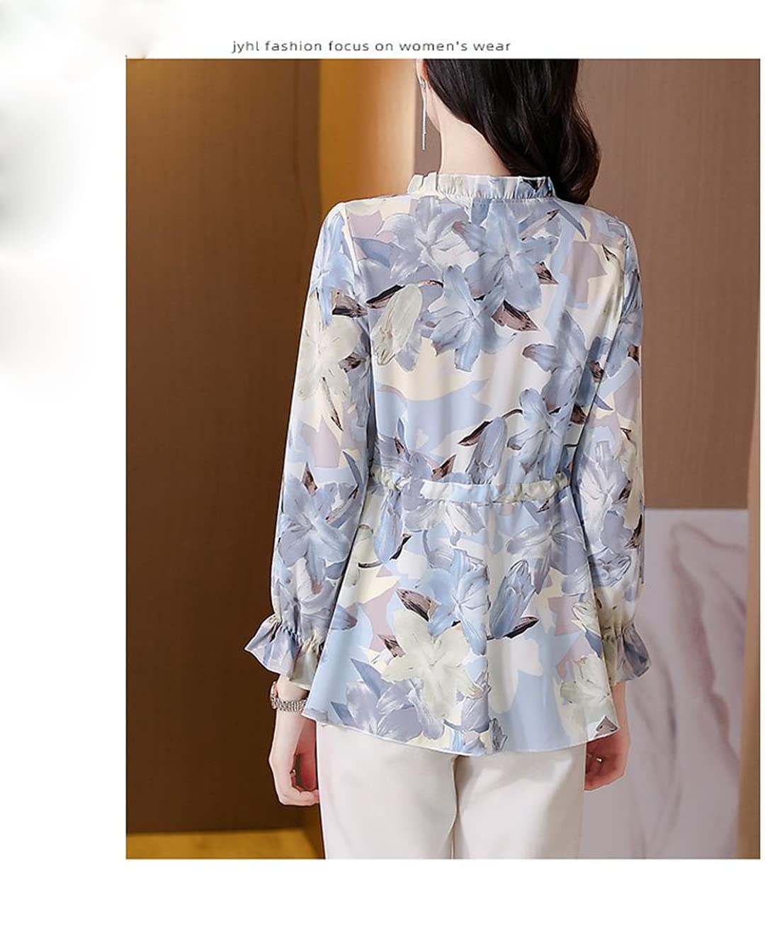 Boho Floral Print V-Neck Long Sleeve Blouse for Women - Loose Fit Drawstring Tops in Blue XL | Perfect for Casual Outings, Beach Cover-Ups & Festival Fashion