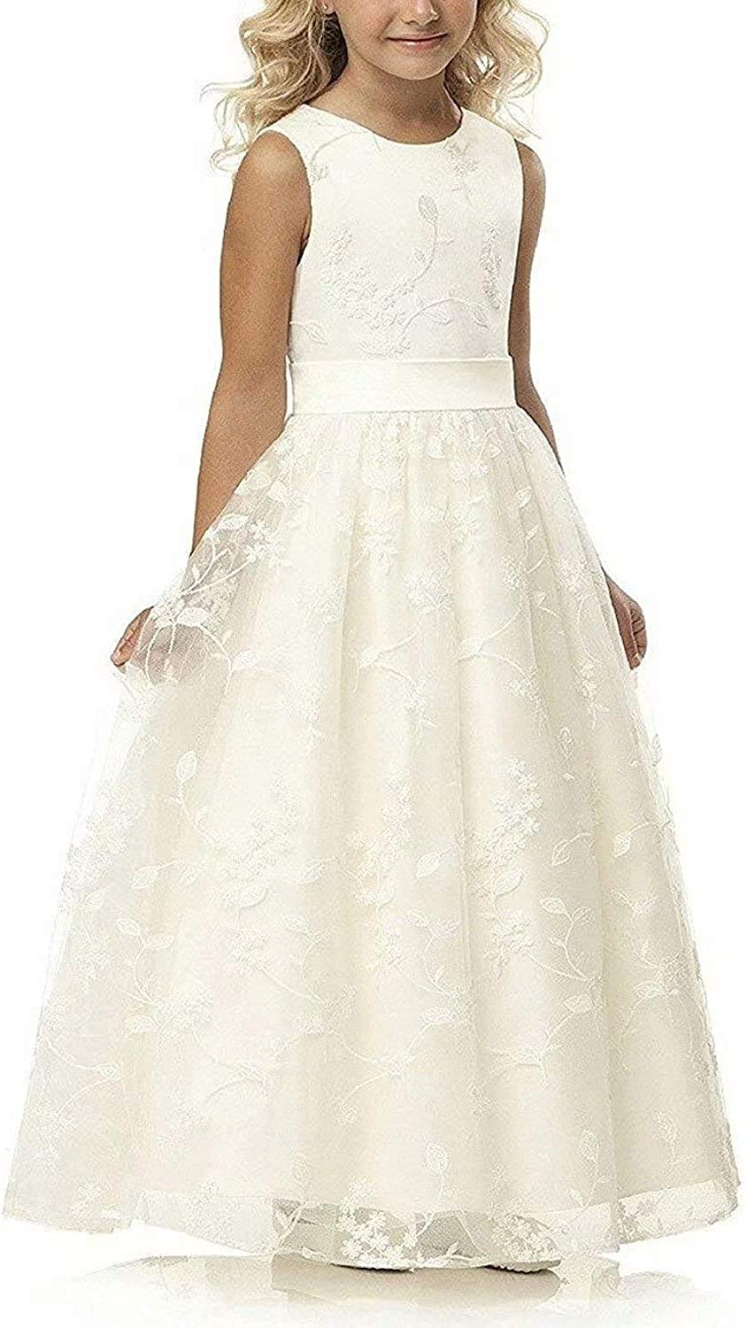 Vintage A-Line Lace Flower Girl Dress for Wedding - Sleeveless with Belt - Ivory (Size 4) | Perfect for Pageants, Bridal Parties & Special Occasions