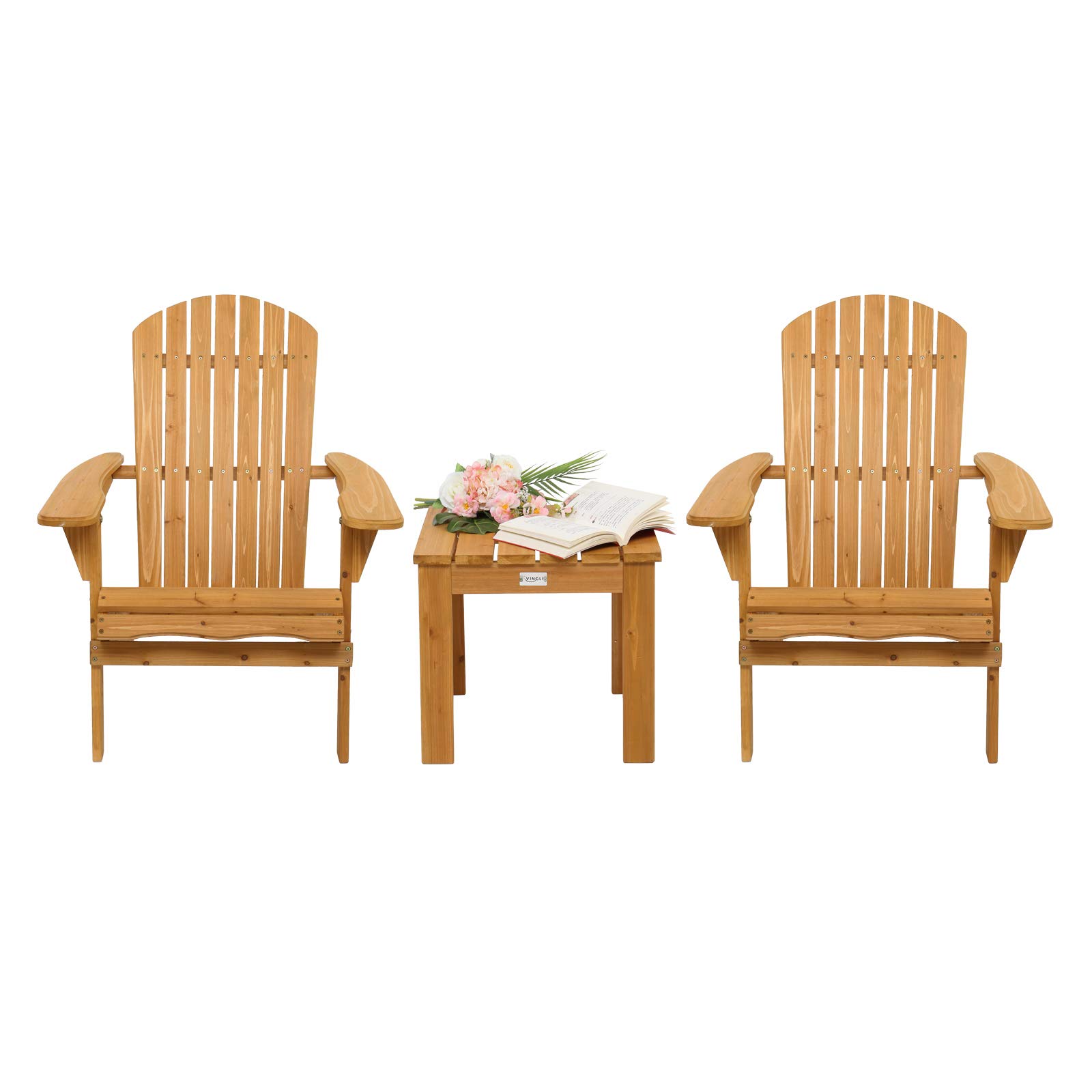 VINGLI 2-Piece Folding Wooden Adirondack Chair Set with Table - Ergonomic Outdoor Patio Furniture for Fire Pit, Beach, Balcony & Backyard - Natural Finish Comfortable Lawn Chairs for Relaxing in Garden, Poolside or Deck