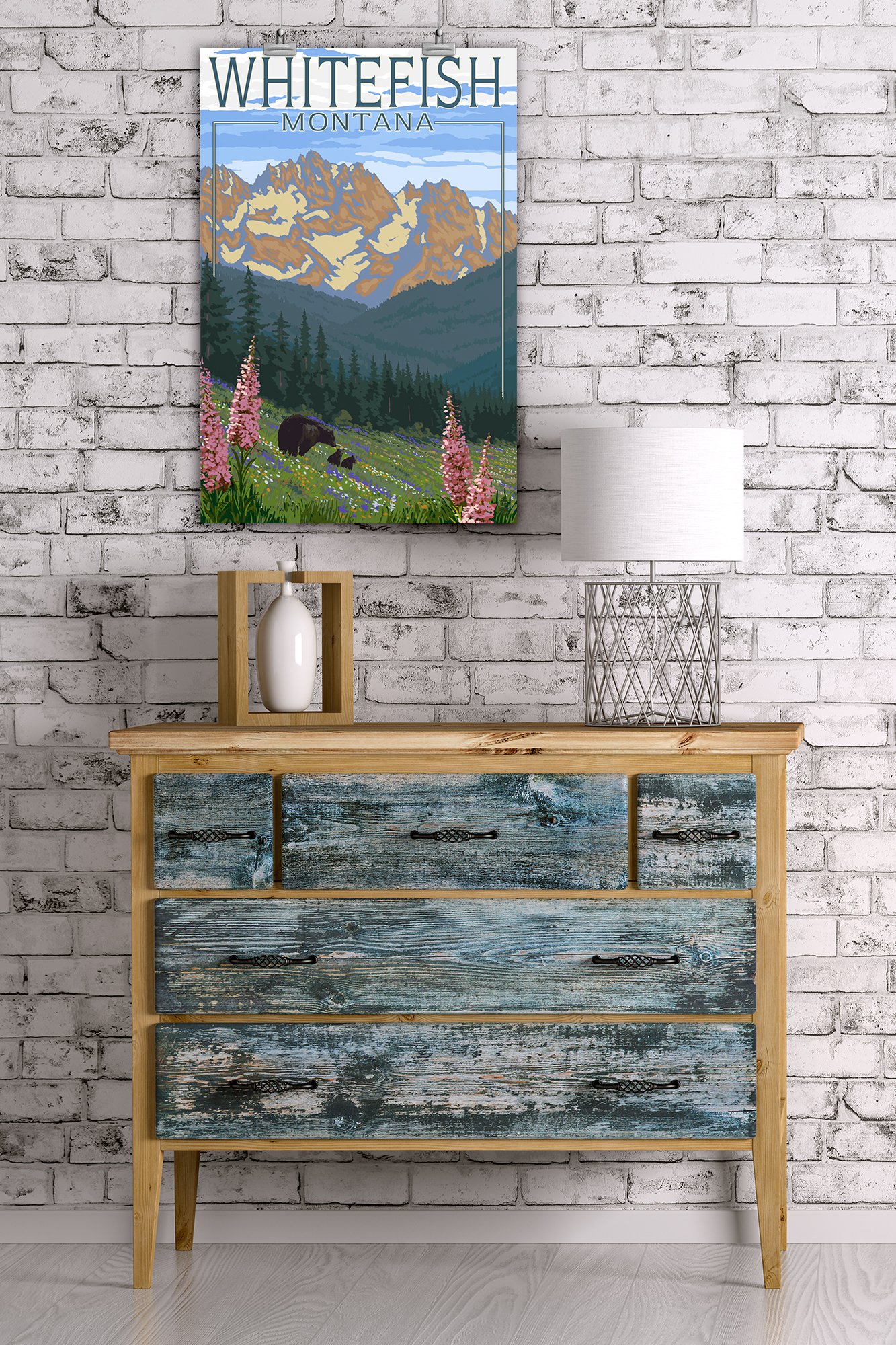 Lantern Press 16x24 Inch Giclee Art Print - Whitefish Montana Landscape with Bear and Spring Flowers - Perfect for Home Decor, Office Wall Art & Nature Lovers Gift