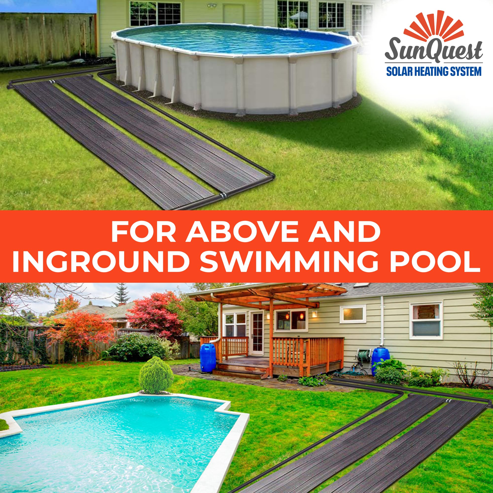 SunQuest Solar Pool Heater Panels - 2 (2ft x 20ft) Solar Water Collectors with Installation Kit for Above Ground & Inground Pools | DIY-Friendly Polypropylene UV-Resistant Panels | Perfect for Extending Swimming Season & Energy-Efficient Pool Heating