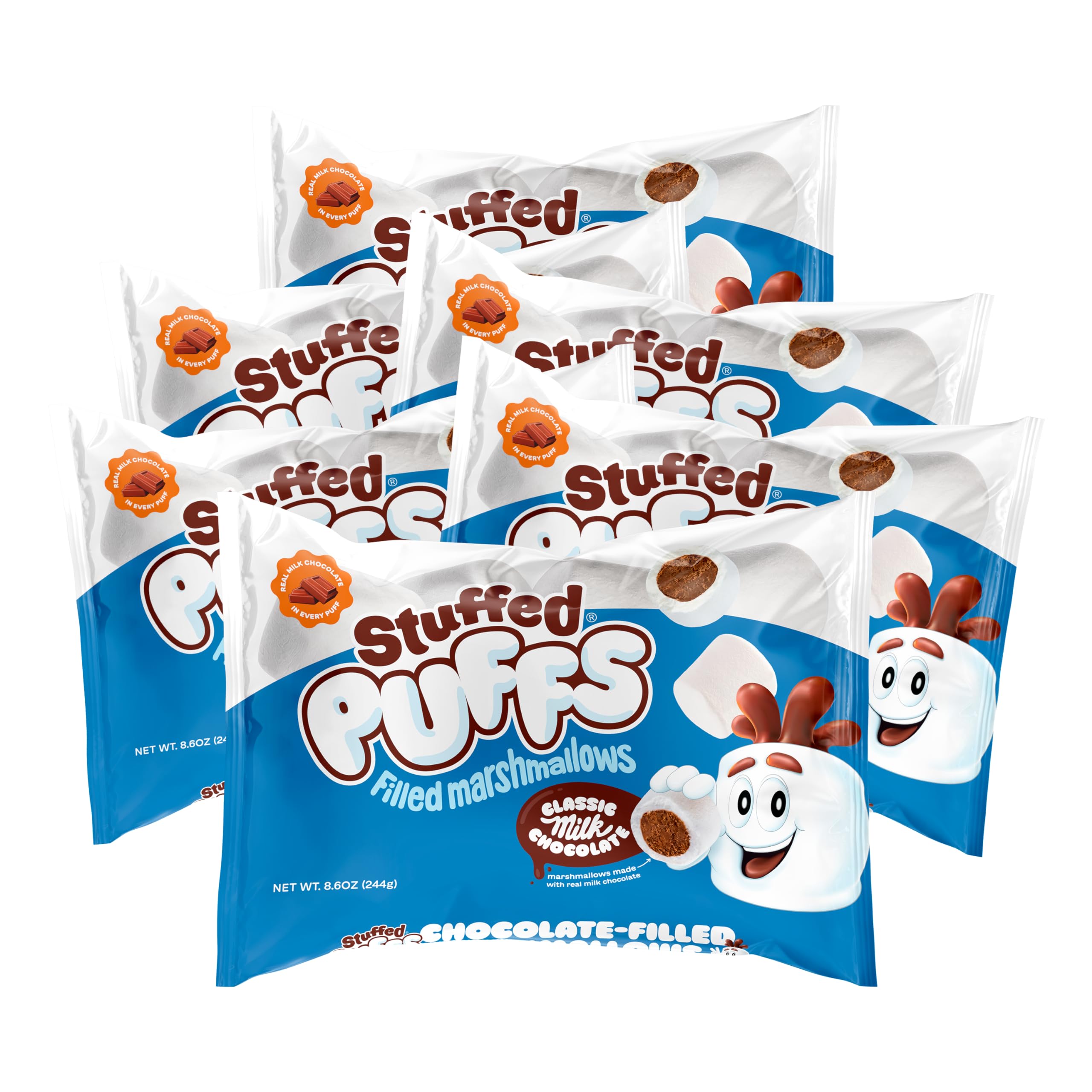 Stuffed Puffs Classic Milk Chocolate 6 Pack - Chocolate Filled Marshmallows with Real Chocolate - Perfect for S'mores, Camping & Desserts - 6 Bags (8.6 oz Each) - Great for Parties, Gifts & Family Snacks