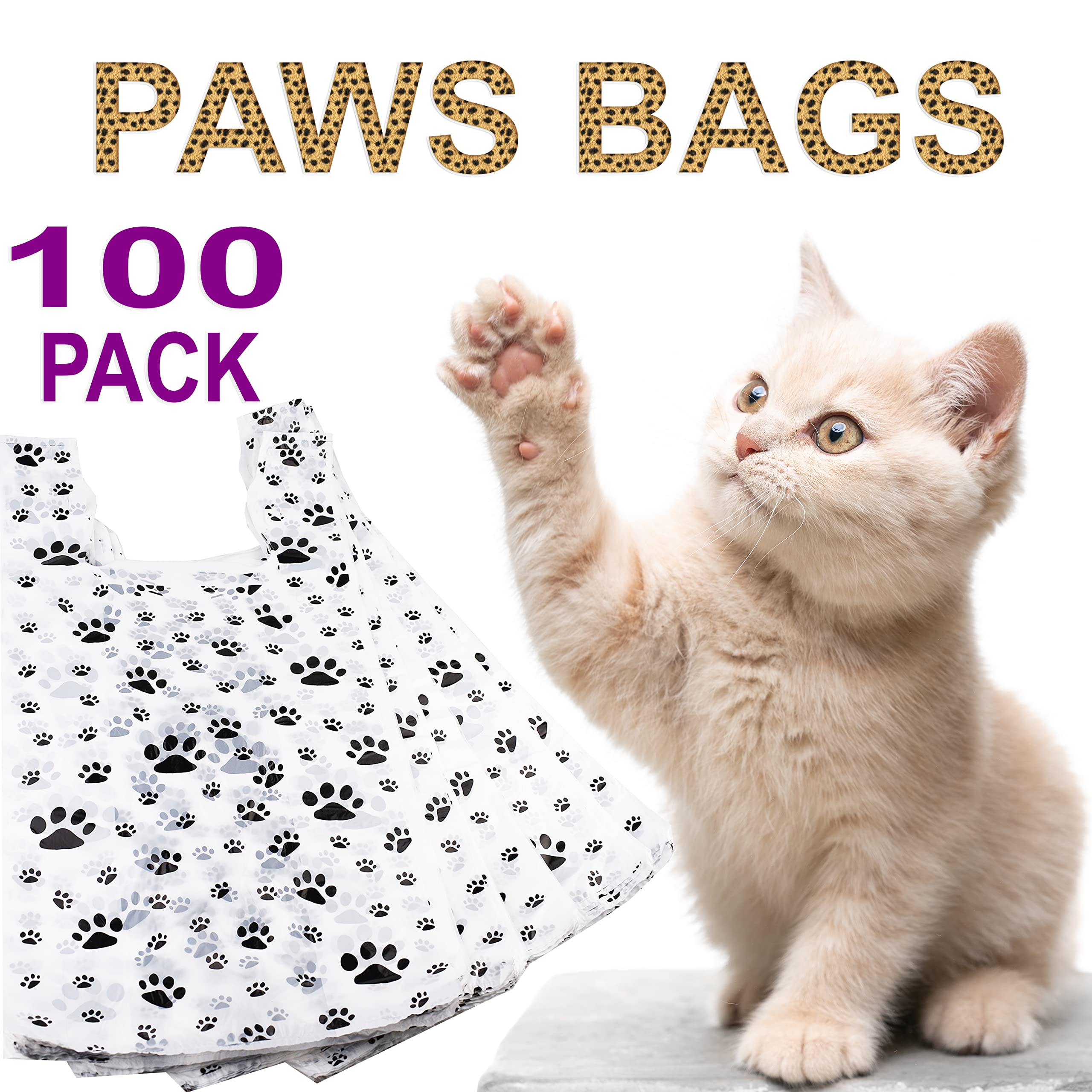 100 Pack Plastic T-Shirt Bags with Paw Print Design - 22