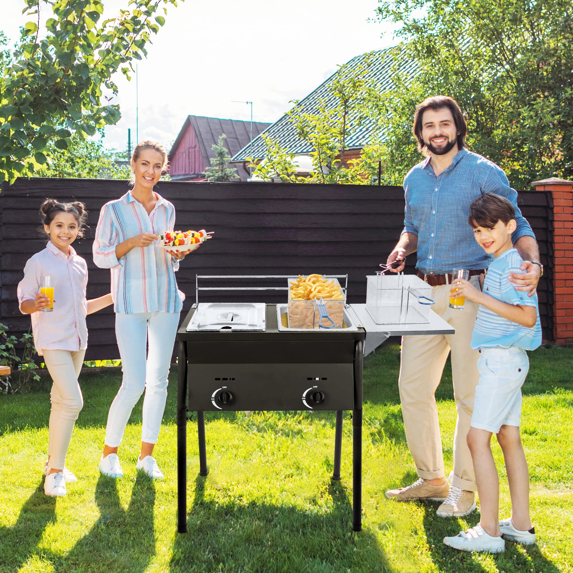 Cast Iron Black Deep Fryer - Dual Tank Outdoor Propane Deep Fryer with 2 Stainless Steel Baskets & Lids - Adjustable Temperature Gas Fryer with Regulating Knobs - Large Oil Capacity for Backyard BBQ, Tailgating & Outdoor Cooking
