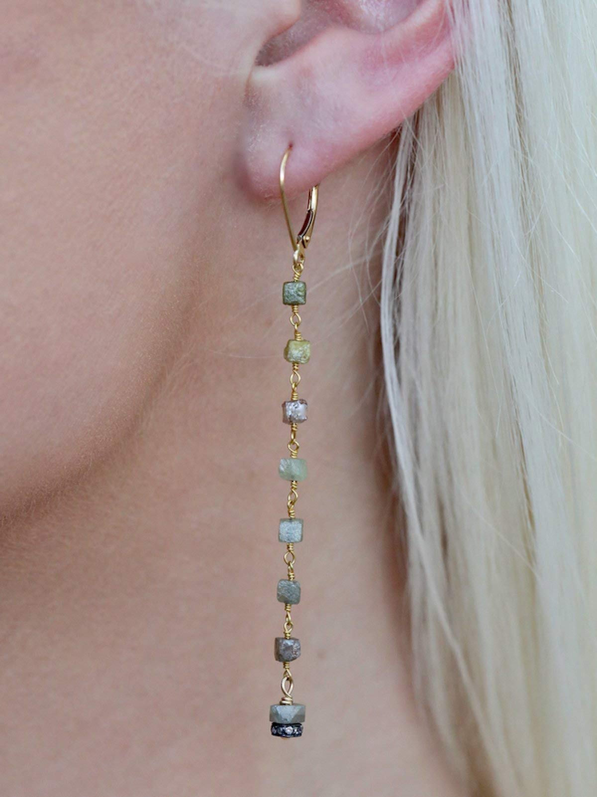 18K Gold Raw Diamond Cube Long Thin Statement Earrings - April Birthstone Jewelry - 2.8 Inch Drop Length - Perfect for Weddings, Parties & Special Occasions
