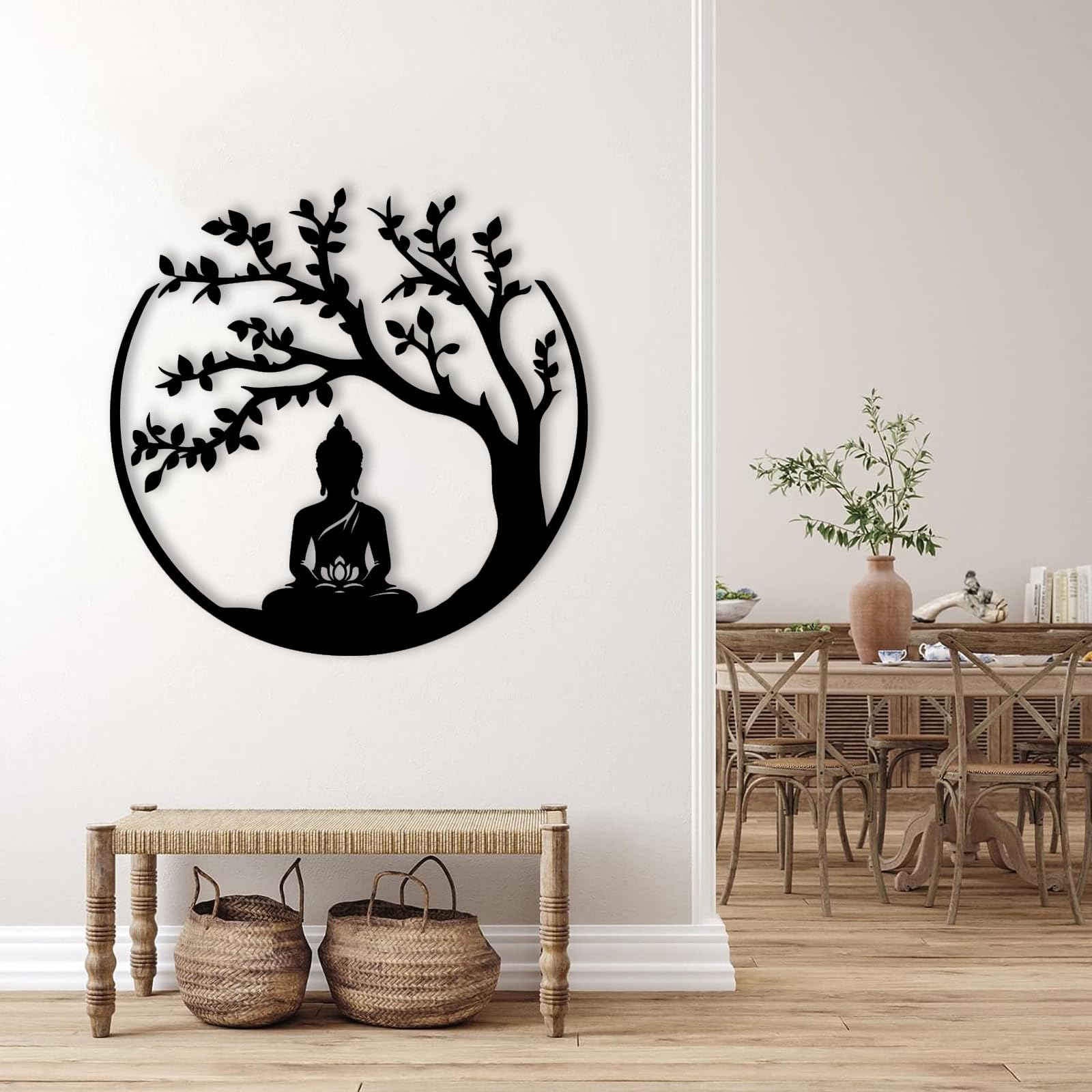 Tree of Life & Buddha Metal Wall Art - Spiritual Meditation Decor for Yoga Studio, Home & Office - Zen Buddhist Wall Hanging (Black, 18x18 Inches) | Perfect for Meditation Spaces, Living Rooms & Spiritual Retreats