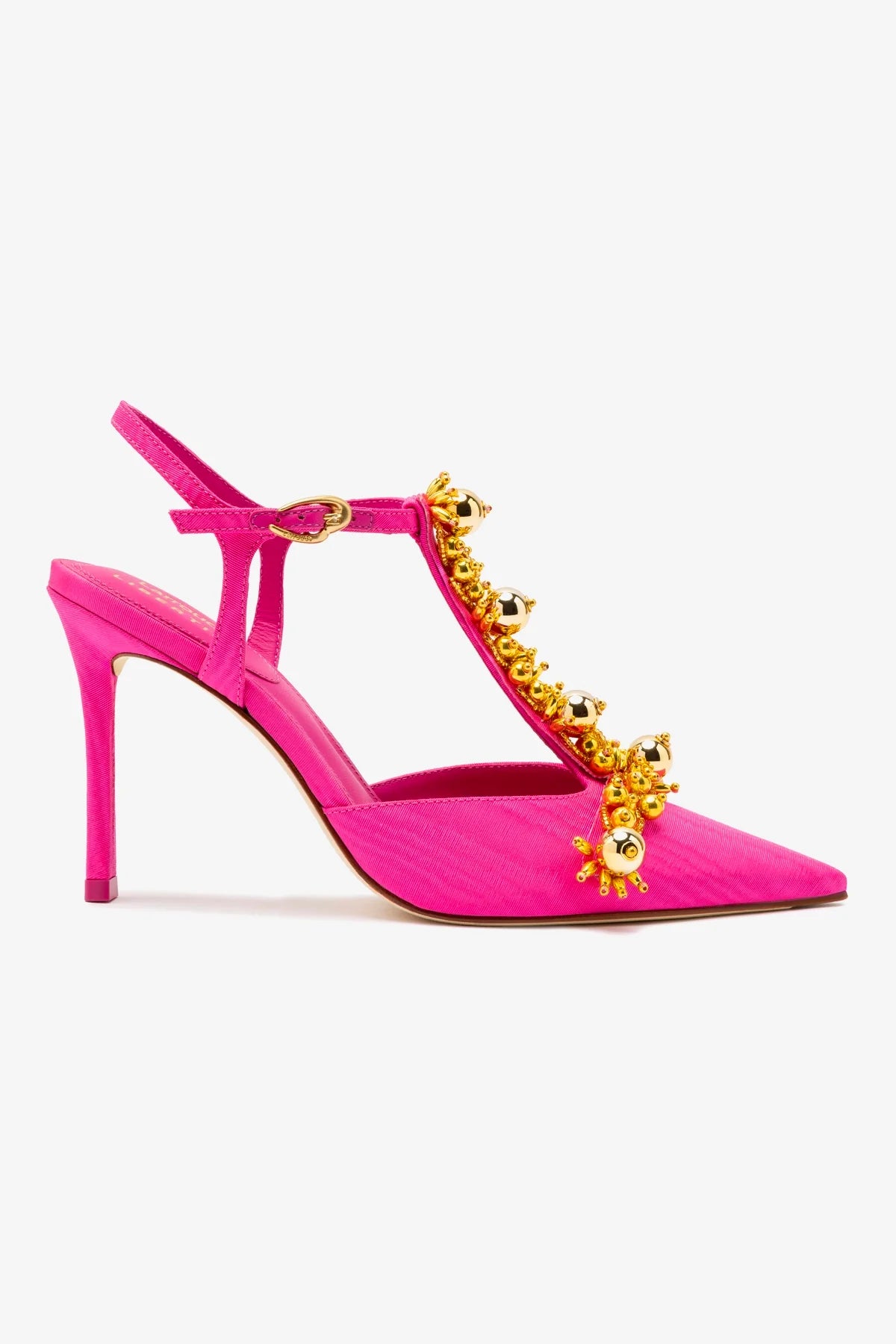 Larroudé x Libertine Women's High Heel Pumps in Magenta Fabric with Golden Ball Accents - Elegant Party & Evening Shoes for Weddings, Dinners & Special Events