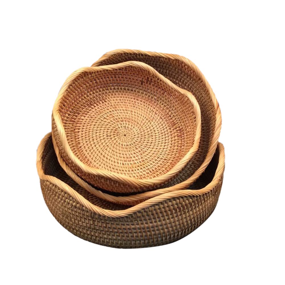 Handwoven Rattan Storage Basket Set of 3 - Natural Woven Bread Basket & Serving Tray for Fruits, Vegetables, Bread Display - Perfect for Home Kitchen, Restaurant, Picnic & Farmhouse Decor