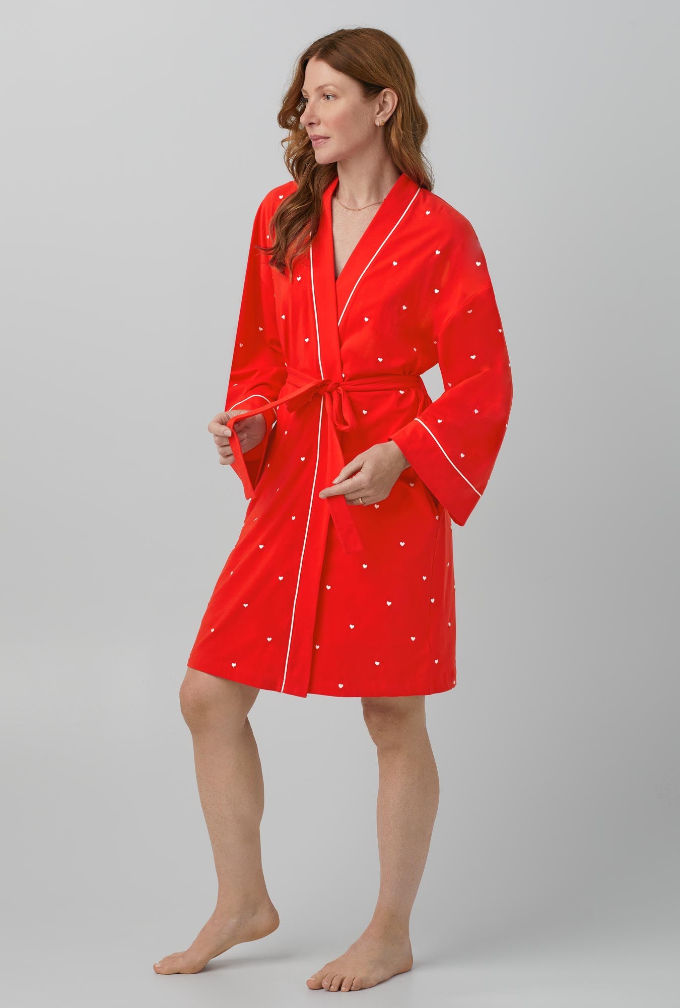 Tiny Hearts Banded Collar Stretch Jersey Robe - Soft & Comfortable Women's Loungewear for Spa, Bath & Relaxation at Home