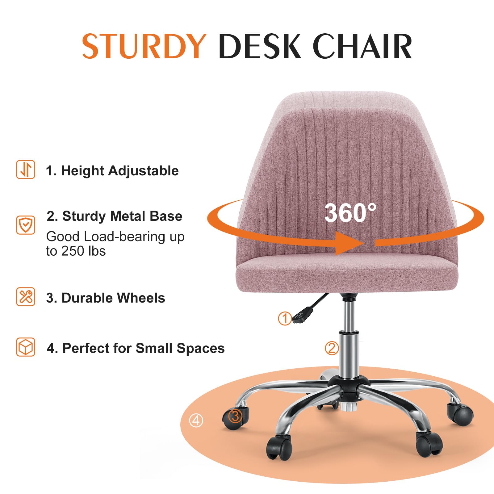 Sweetcrispy Armless Office Chair - Modern Fabric Adjustable Swivel Task Chair with Wheels for Home Office, Computer Desk & Small Spaces | Perfect for Compact Workspaces, Gaming & Vanity Areas