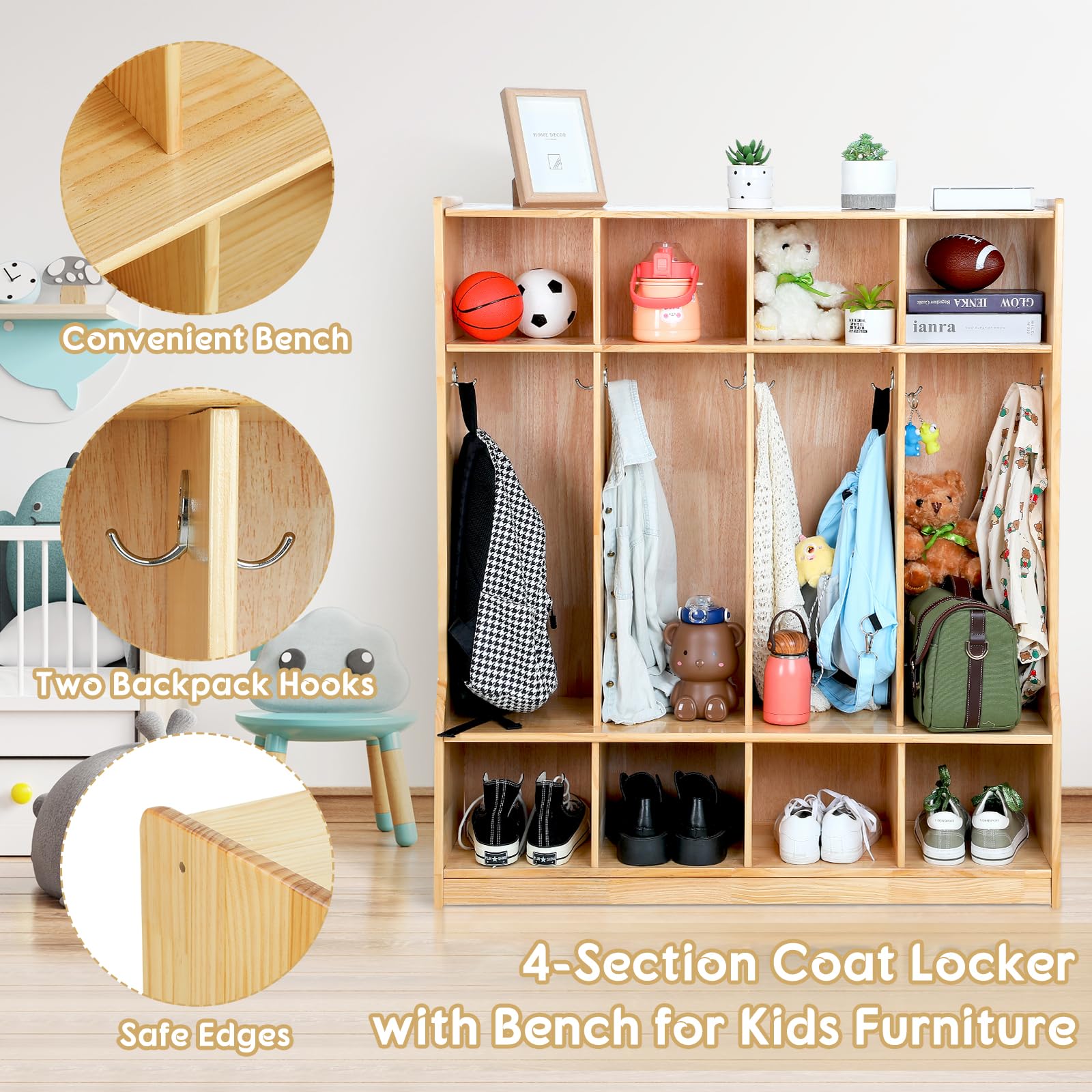 4-Section Wooden Coat Locker with Bench - Natural Pine Backpack Storage Cubby with Hooks - Perfect for Daycare, Classroom & Home Organization - Ideal for Kids' Backpack Storage, Shoe Organization & Entryway Decor