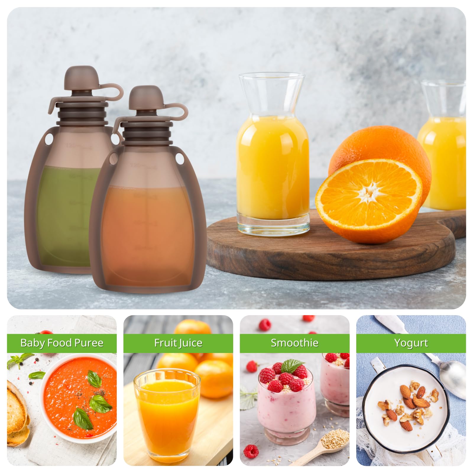 Reusable Silicone Food Pouches - 2 Pack BPA-Free Squeeze Pouches for Baby Food, Yogurt & Purees | Leak-Proof & Dishwasher Safe | Perfect for On-the-Go Feeding, Travel & School Lunch