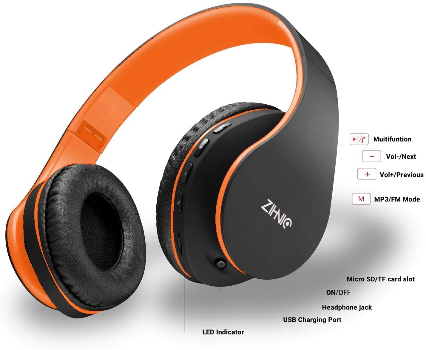 ZIHNIC Bluetooth Over-Ear Headphones Wireless & Wired Foldable Stereo Headset with Micro SD/TF, FM - Lightweight Comfortable Earmuffs for Phone, PC, Gaming, Travel & Work (Orange)
