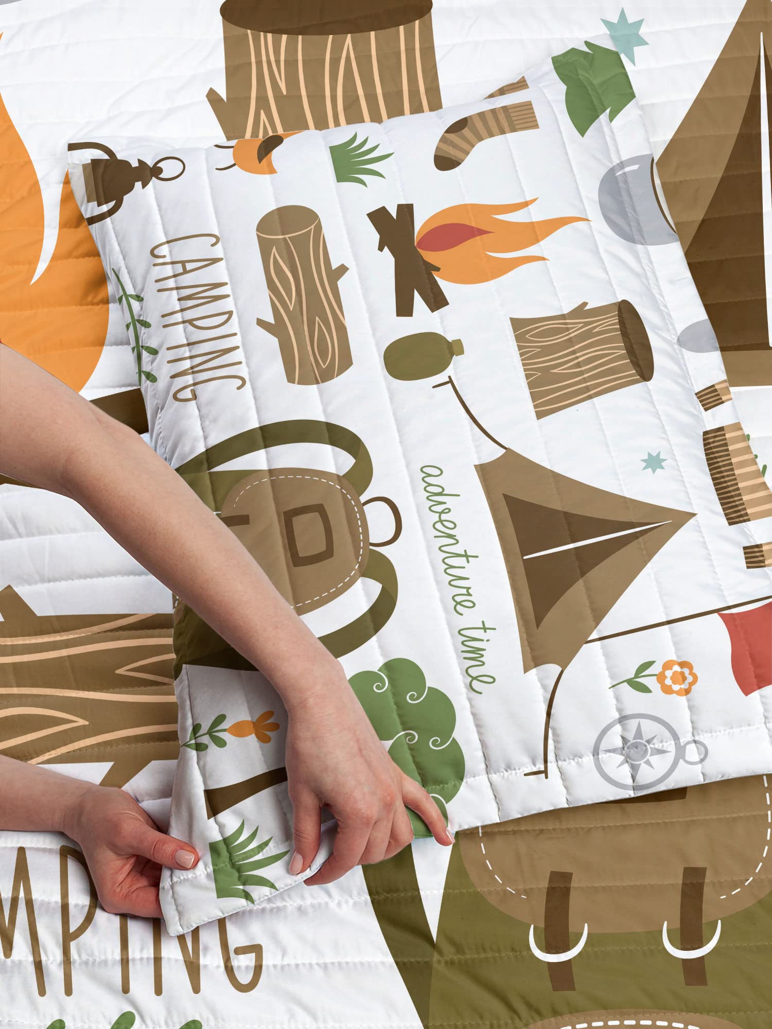 Ambesonne Adventure Reversible King Size Bedspread Set - Camping Theme Microfiber Comforter with Pillow Shams (Sepia Green Orange) - Perfect for Outdoor Enthusiasts & Cabin Decor