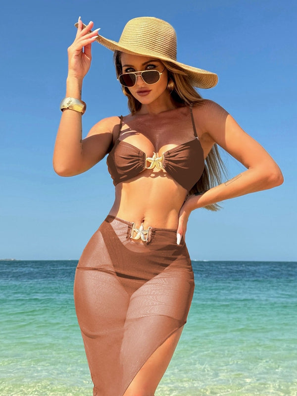 ZASUWA Women's Sexy Starfish Print Sheer Mesh 3 Piece Bikini Set - Perfect for Beach Vacations, Pool Parties & Summer Getaways