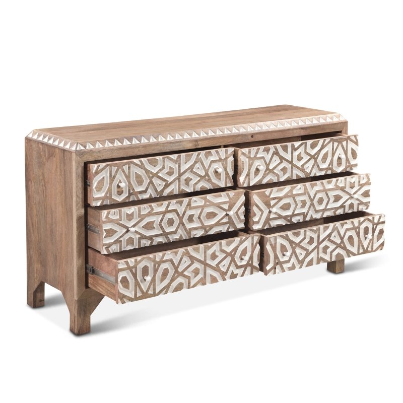 Hand Carved Wooden 6-Drawer Dresser | Bohemian Style Chest of Drawers for Bedroom Storage & Organization