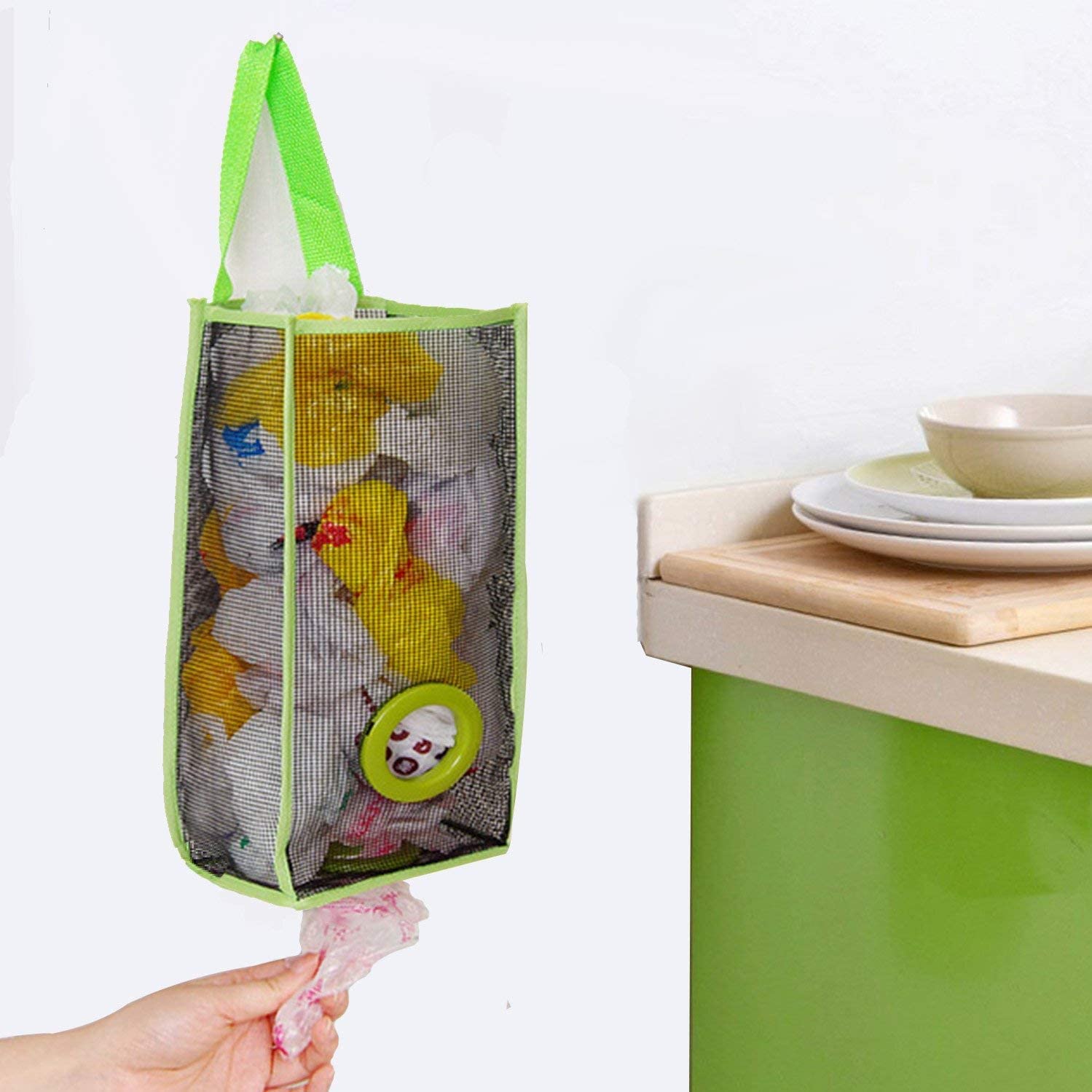 2 Pack Plastic Hanging Bag Holder with Seamless Hooks - Foldable Storage Mesh Trash Bag Dispenser Organizer for Kitchen, Bathroom & Grocery Bags - Space Saving Solution for Home Organization
