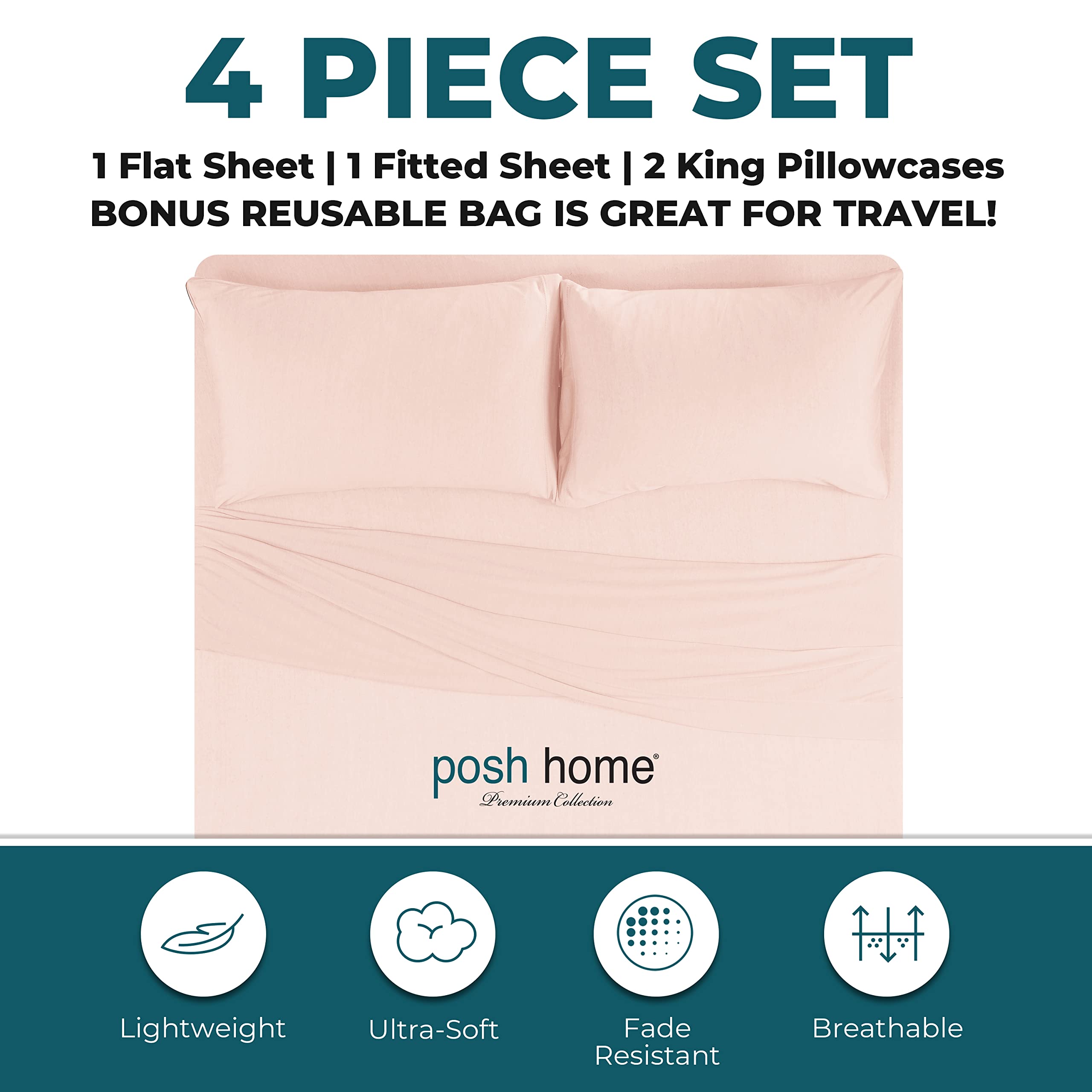 Posh Home 4-Piece Jersey Knit Sheet Set - Ultra Soft & Breathable T-Shirt Cotton Bed Sheets - Includes Flat Sheet, Fitted Sheet & 2 Pillowcases - California King Size, Blush Pink - Perfect for Cozy Nights & Luxury Bedroom Decor