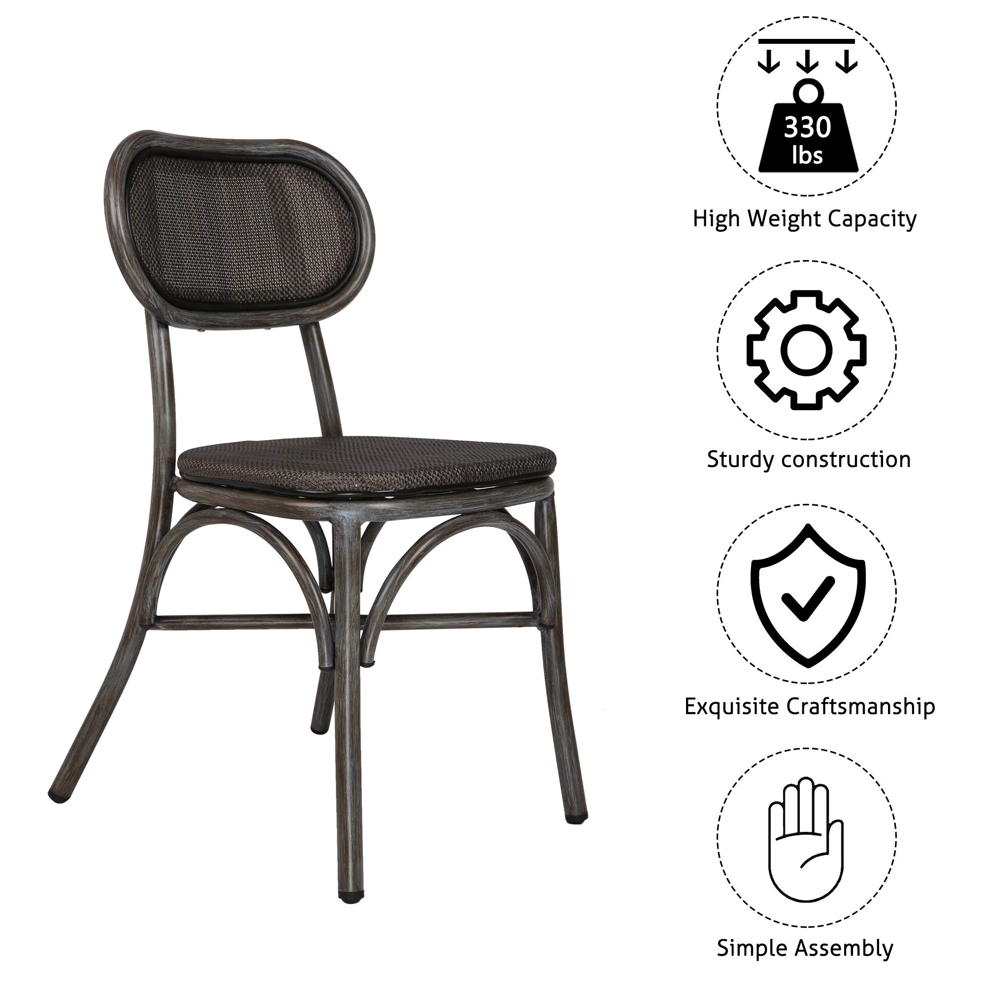 LUCKYERMORE Rattan Dining Chairs Set of 2 - Armless Woven Wicker Chairs with Backrest, Black Aluminum Frame - Perfect for Kitchen, Bistro, Cafe & Outdoor Dining