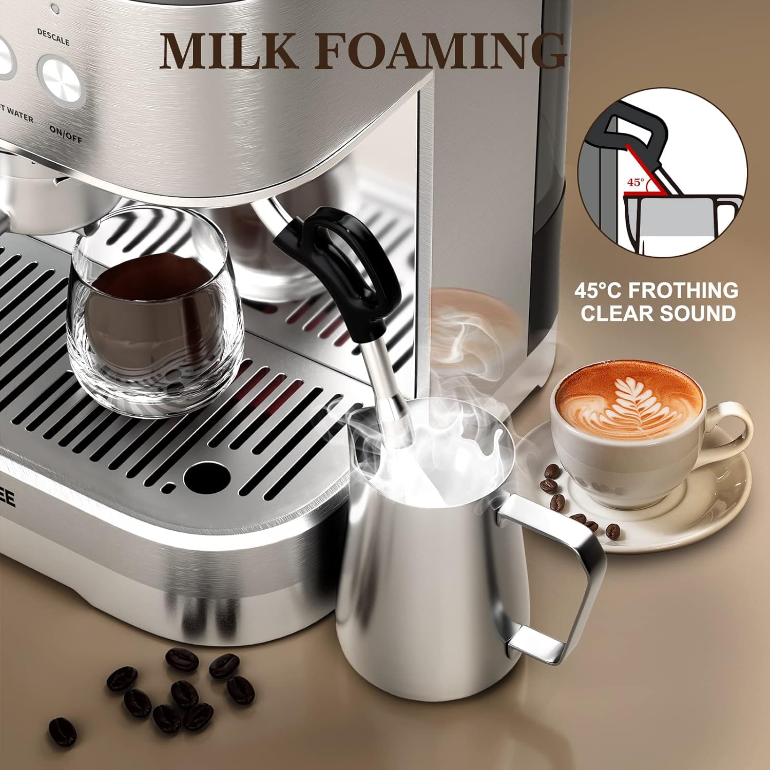 WantJoin Semi-Automatic Espresso Machine with Built-in Grinder & Milk Frother - Stainless Steel Cappuccino Maker for Home Baristas & Coffee Lovers - Perfect for Kitchen, Office, or Small Cafes