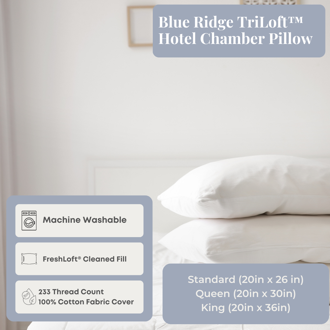 Blue Ridge TriLoft™ Hotel Chamber Pillow - Premium Support for Back, Side & Stomach Sleepers | Perfect for Home, Travel & Guest Rooms