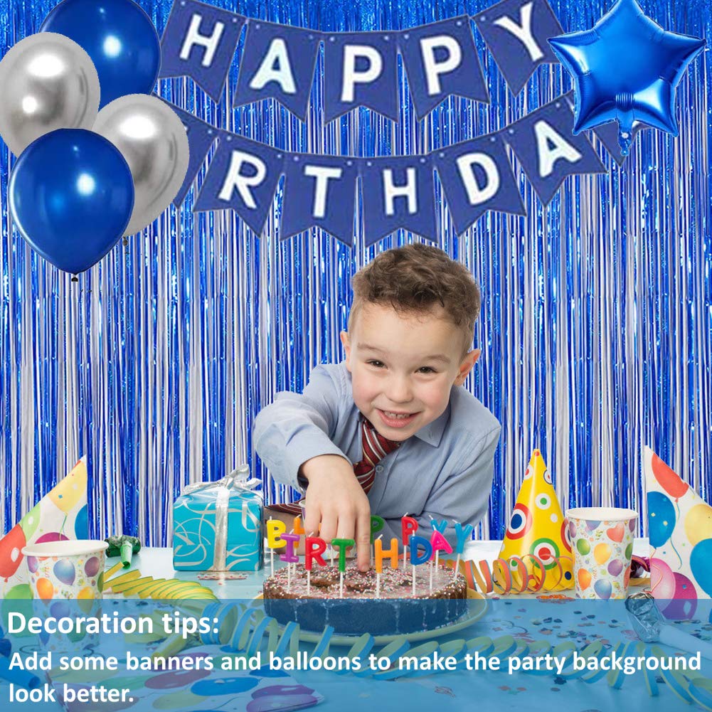 3PC Blue Fringe Backdrop Streamers - Tinsel Foil Curtains for Birthday Party Decorations | Perfect for Baby Showers, Weddings & Photo Booth Backgrounds