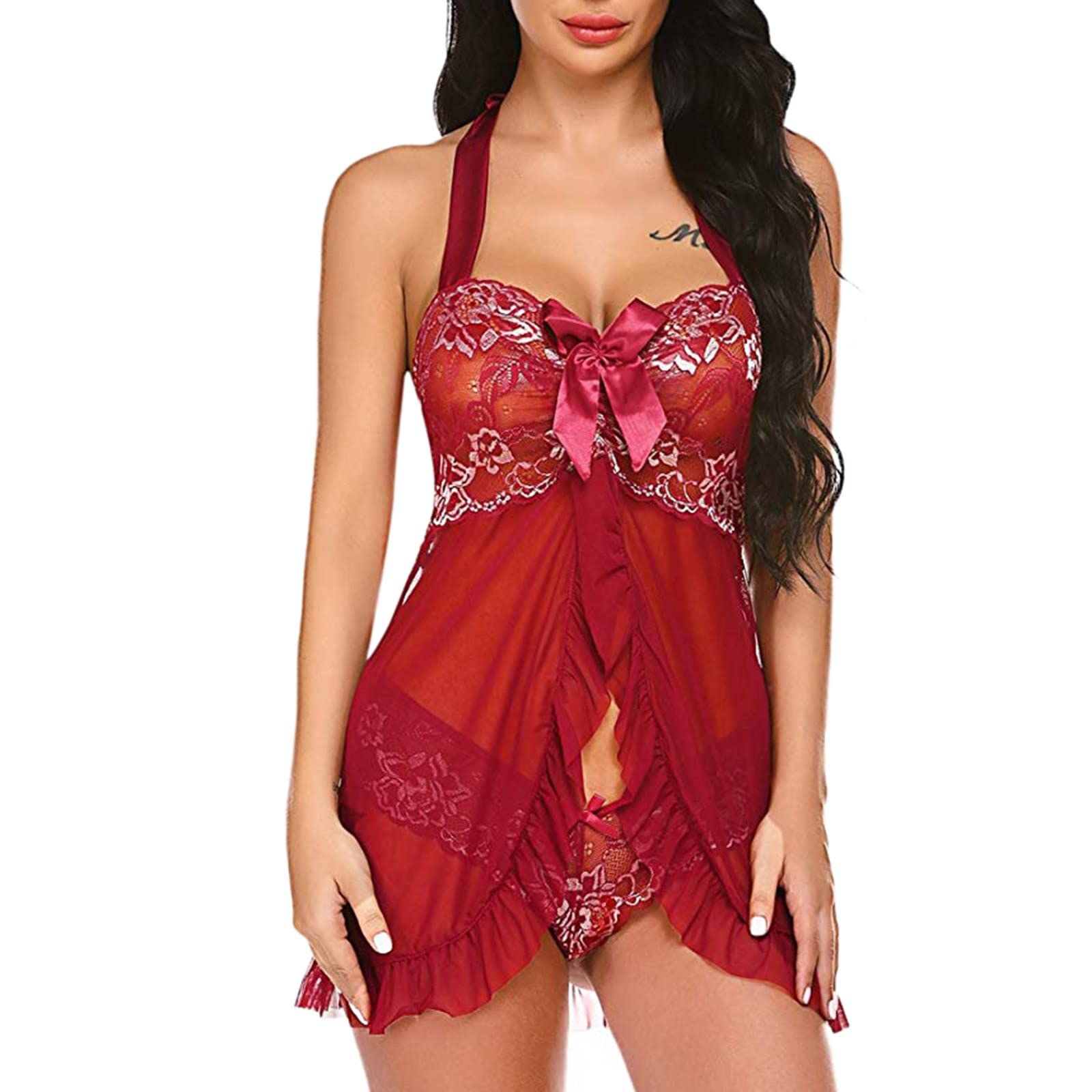 Sexy Lace Babydoll Nightwear for Women - Front Closure V-Neck Chemise & Open Front Negligee Lingerie Set | Perfect for Valentine's Day, Honeymoon & Romantic Nights