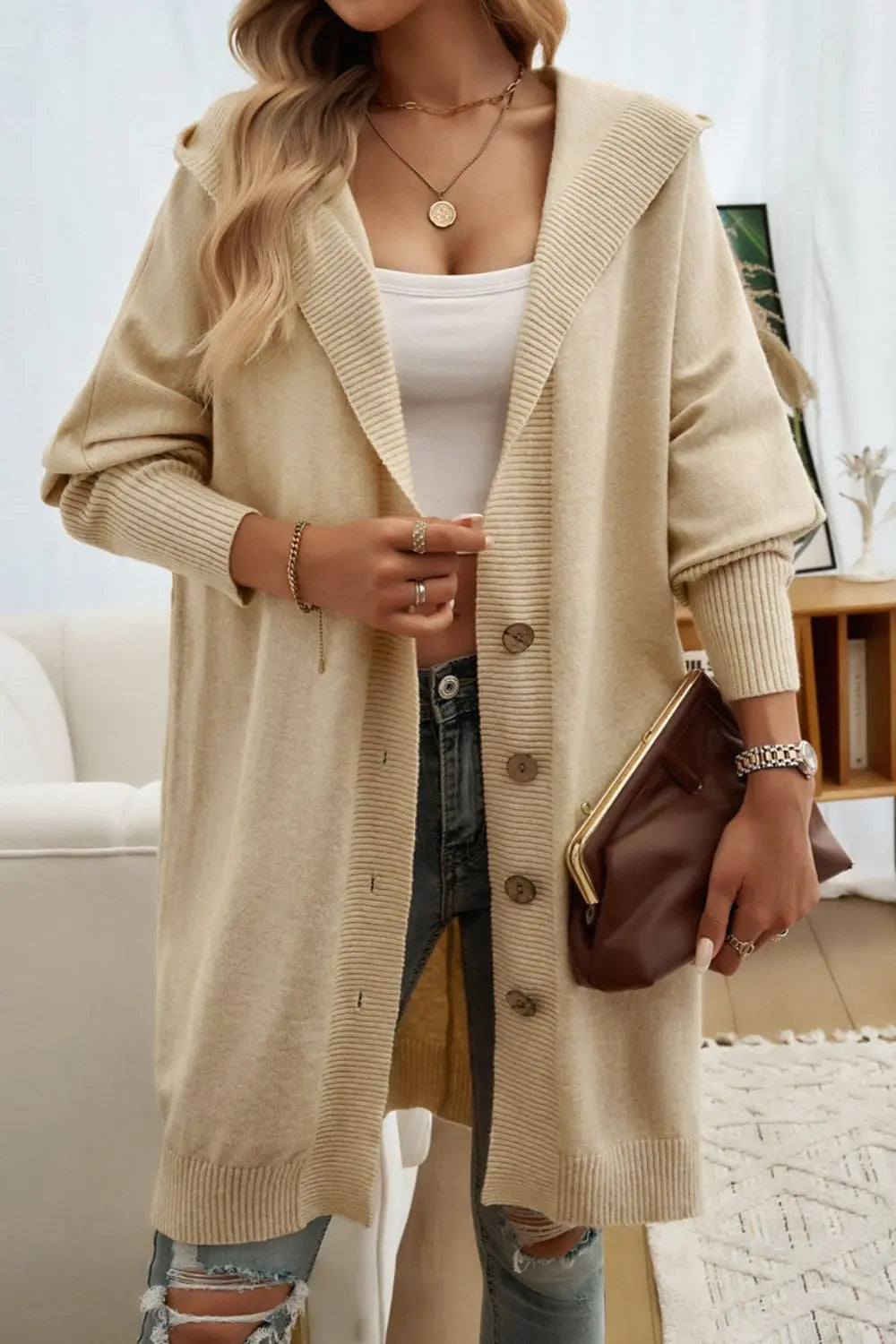 Women's Button Up Long Sleeve Hooded Cardigan Sweater - Cozy Fall & Winter Layering Piece for Casual Outfits and Office Wear