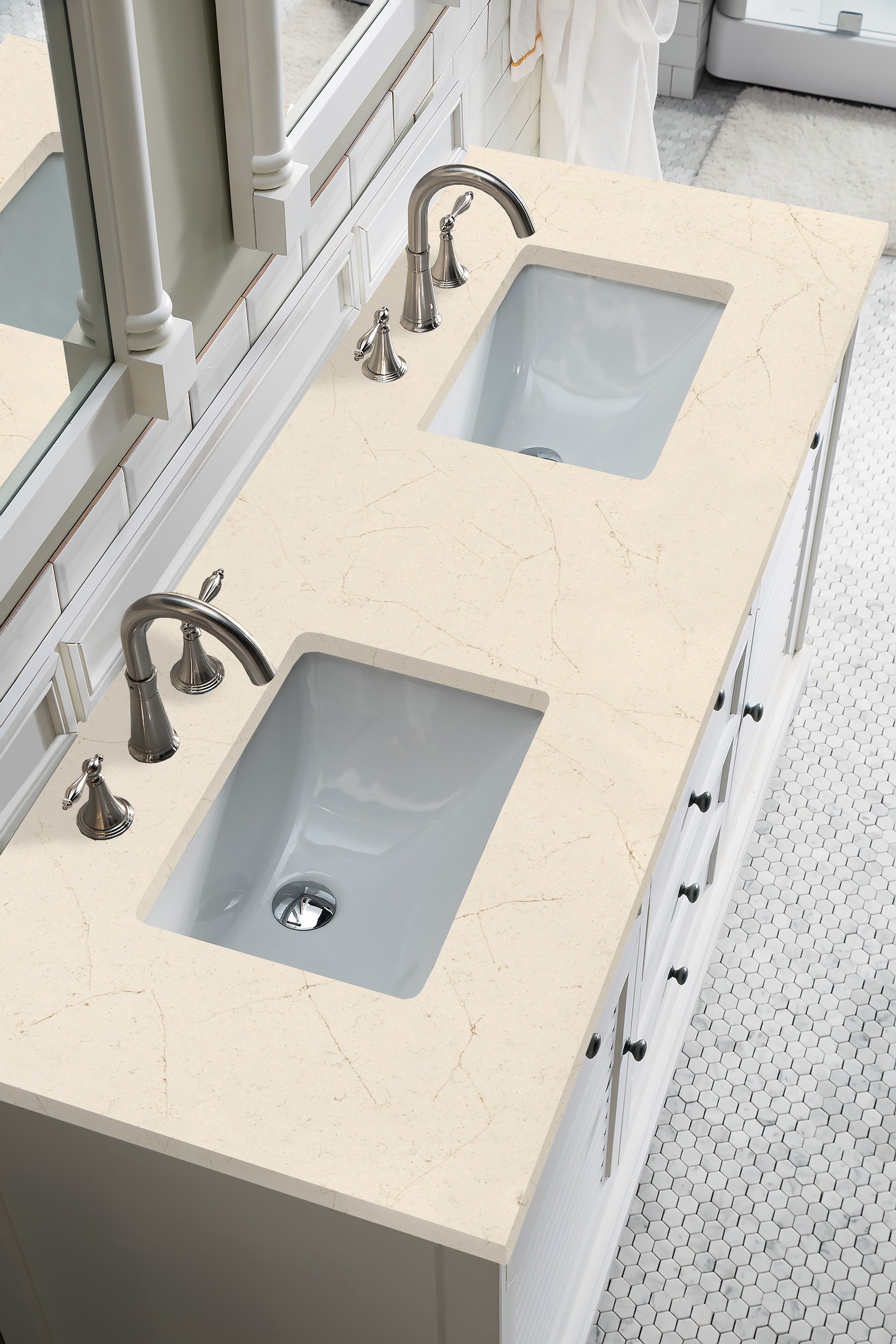 Savannah 60 Inch Double Vanity Cabinet with 3CM Eternal Marfil Quartz Top - Bright White Bathroom Vanity for Master Bath & Guest Bathroom Remodel