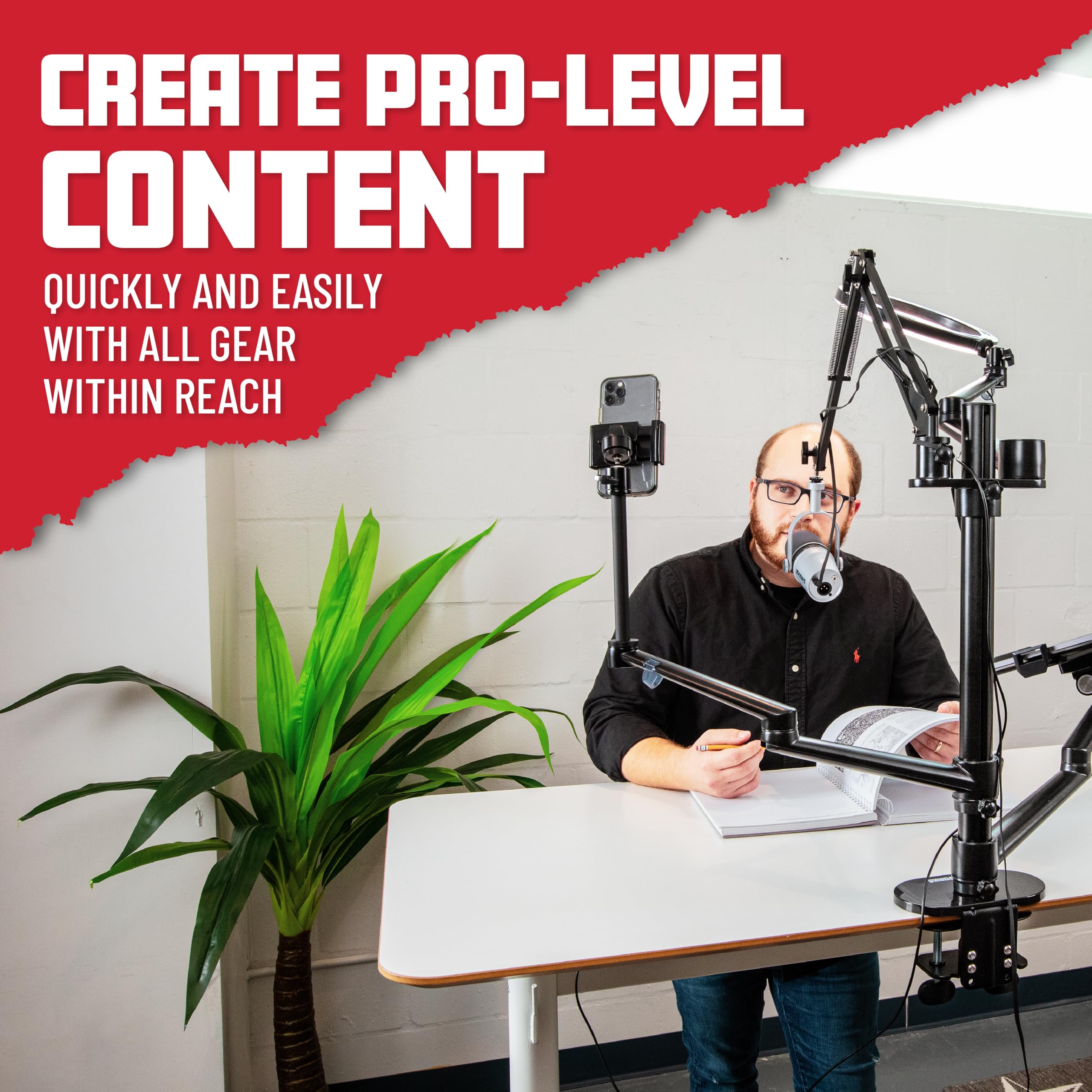 Gator Frameworks 6-in-1 Content Creator Streaming Desktop Stand Set - Smartphone, Tablet & Laptop Holder with VESA Mount, Ring Light & Mic Boom Arm (Black, GFW-STREAMSTAND) - Perfect for Live Streaming, YouTube Videos, Podcasting & Home Office Setup