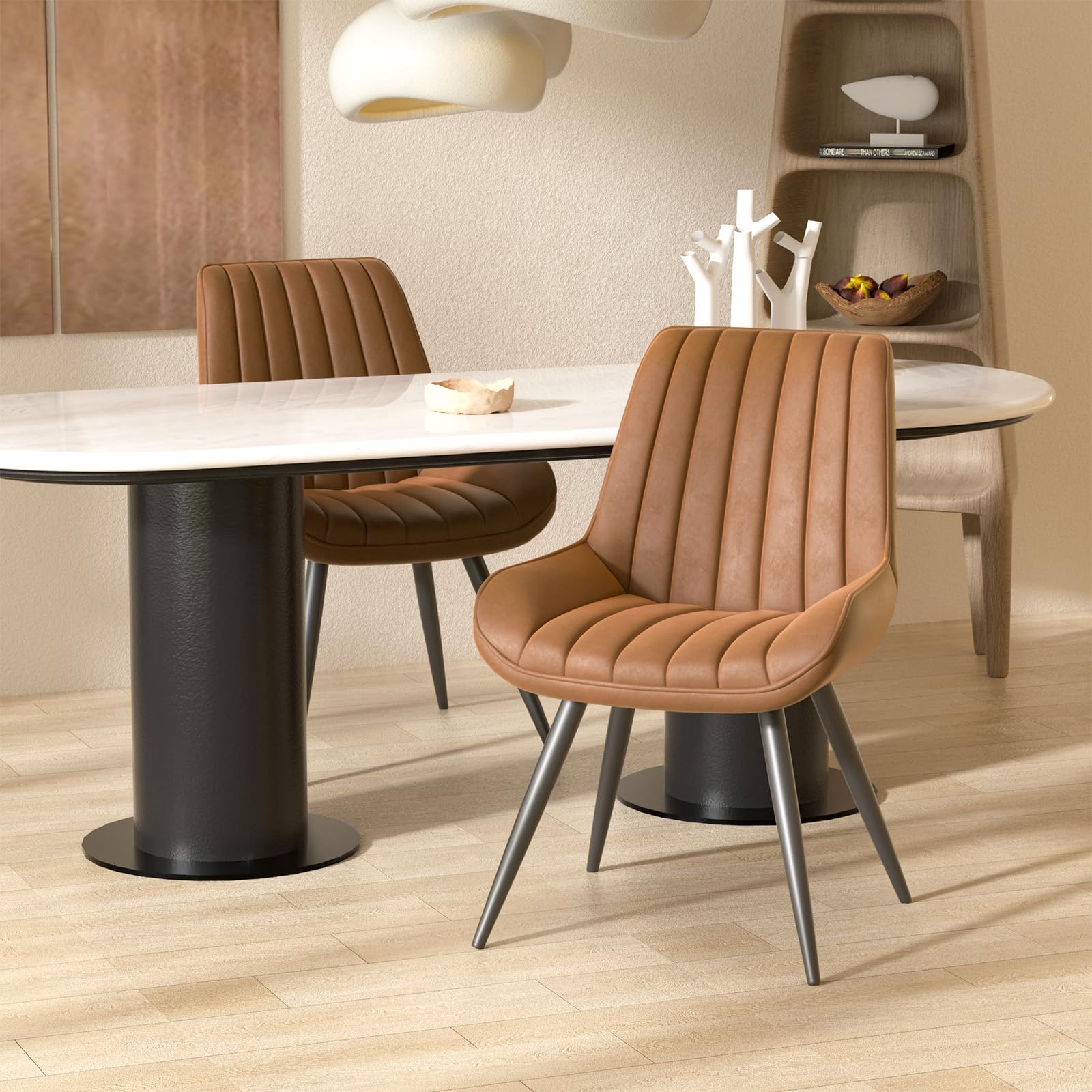 4 Modern Upholstered Dining Chairs Set with Thick Cushions & Sturdy Metal Legs - Brown Fabric Kitchen Side Chairs for Dining Room, Breakfast Nook, and Restaurant Use
