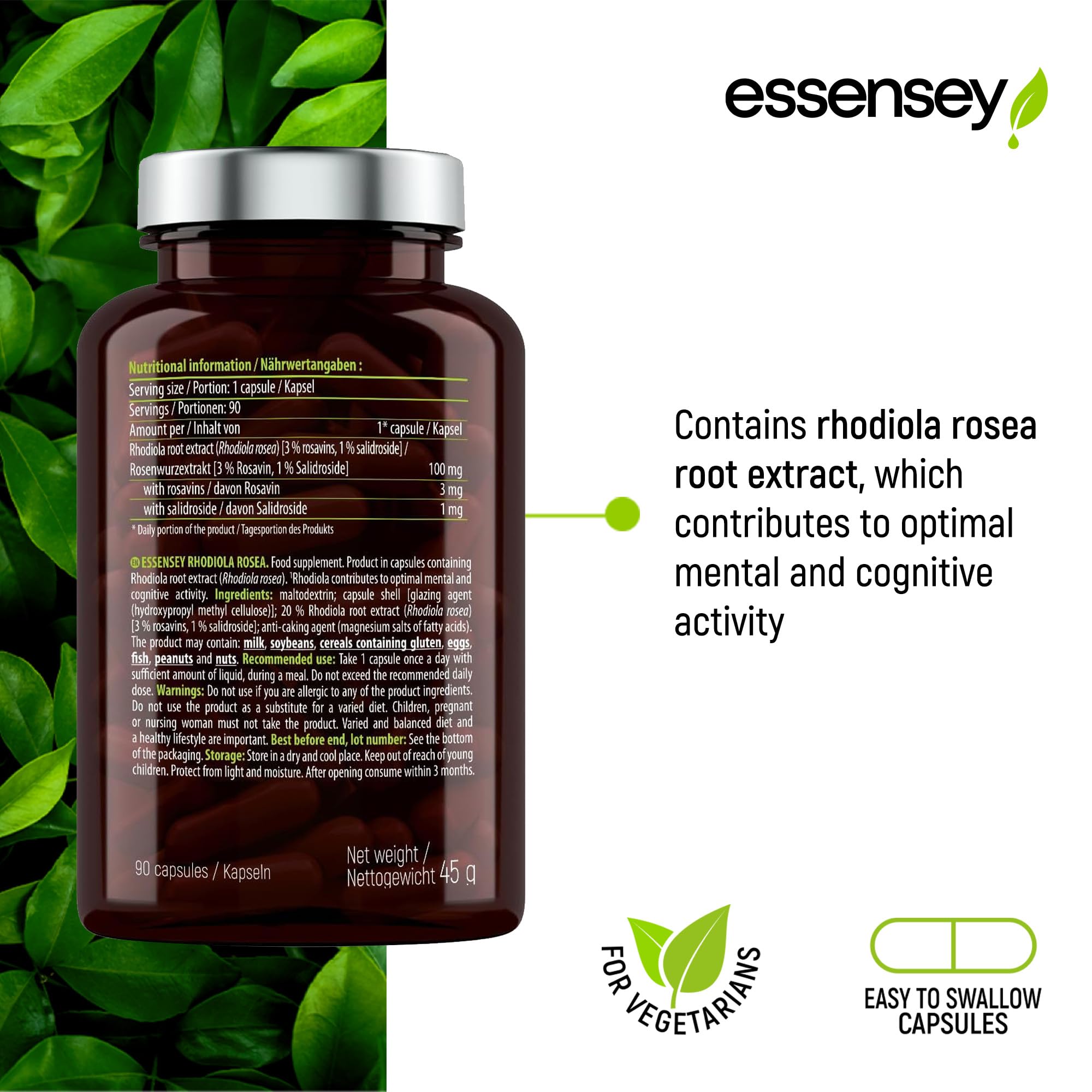 Essensey Rhodiola Rosea Supplement - 100mg, 90 Capsules | Natural Stress Relief & Energy Booster for Workout, Study & Daily Performance