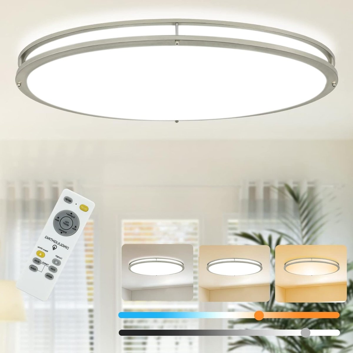 32-Inch Oval LED Ceiling Light Fixture - 65W Dimmable Flush Mount with Remote Control - 3000K/4000K/5000K Adjustable Color Temperature - Brushed Nickel Finish - Perfect for Bedroom, Living Room & Dining Room Lighting