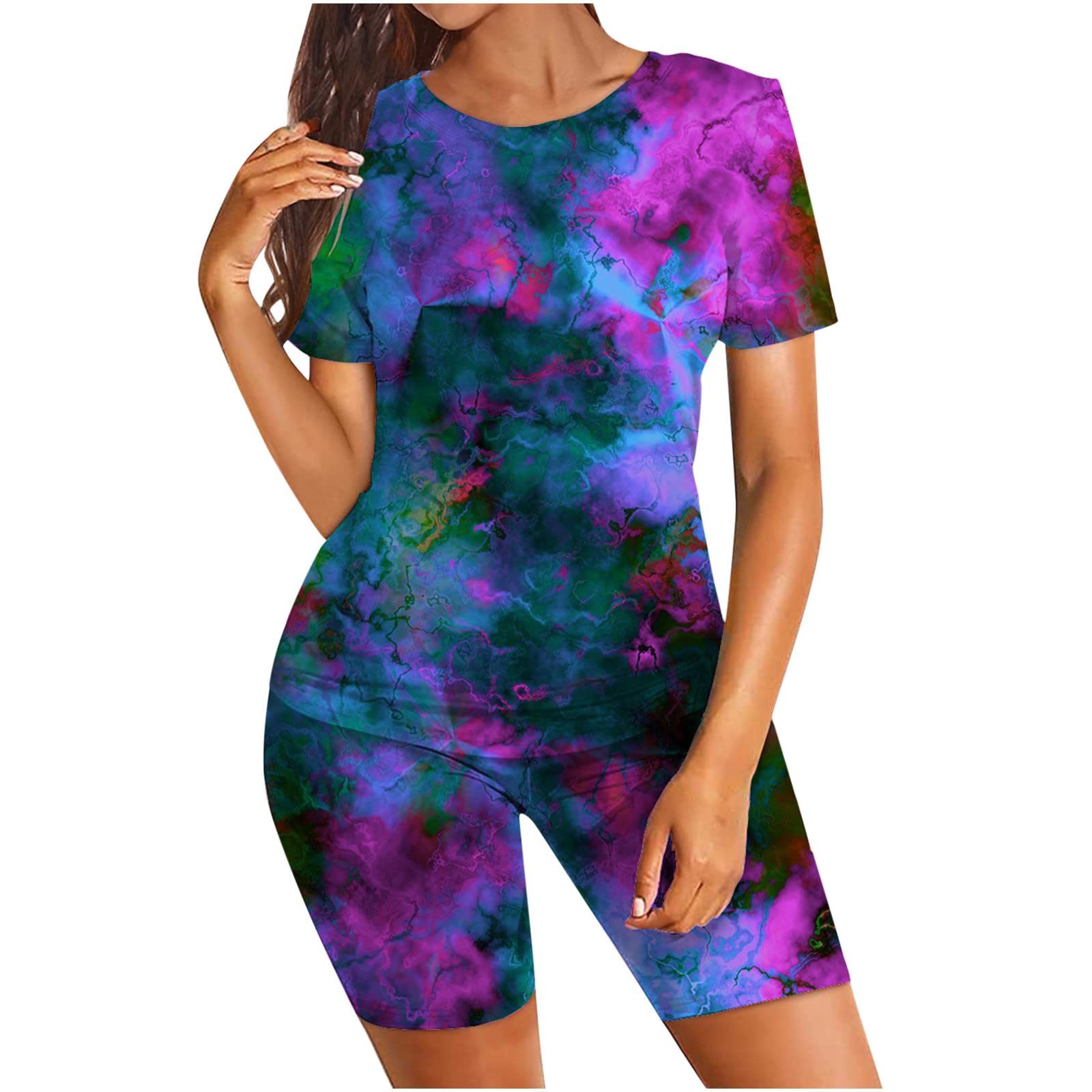Women's 2-Piece Tie Dye Pajama Set - Soft Sleepwear with Bodycon Shorts & Crew Neck Top | Yoga, Lounge & Sporty Outfit for Comfortable Nights & Relaxation