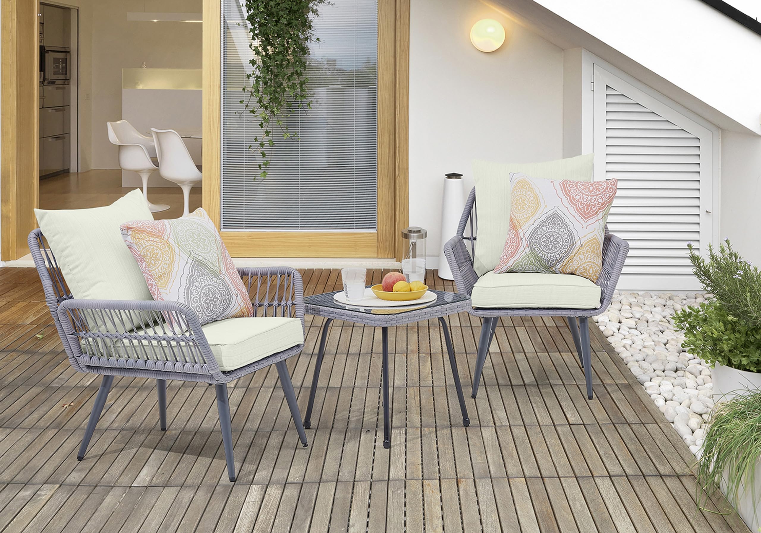 Modern Cannes 3-Piece Patio Conversation Set with Cushioned Rope Wicker Chairs & Glass Top End Table - Outdoor Furniture for Garden, Balcony, Poolside - Washable Cream Cushions & Durable Wicker Design
