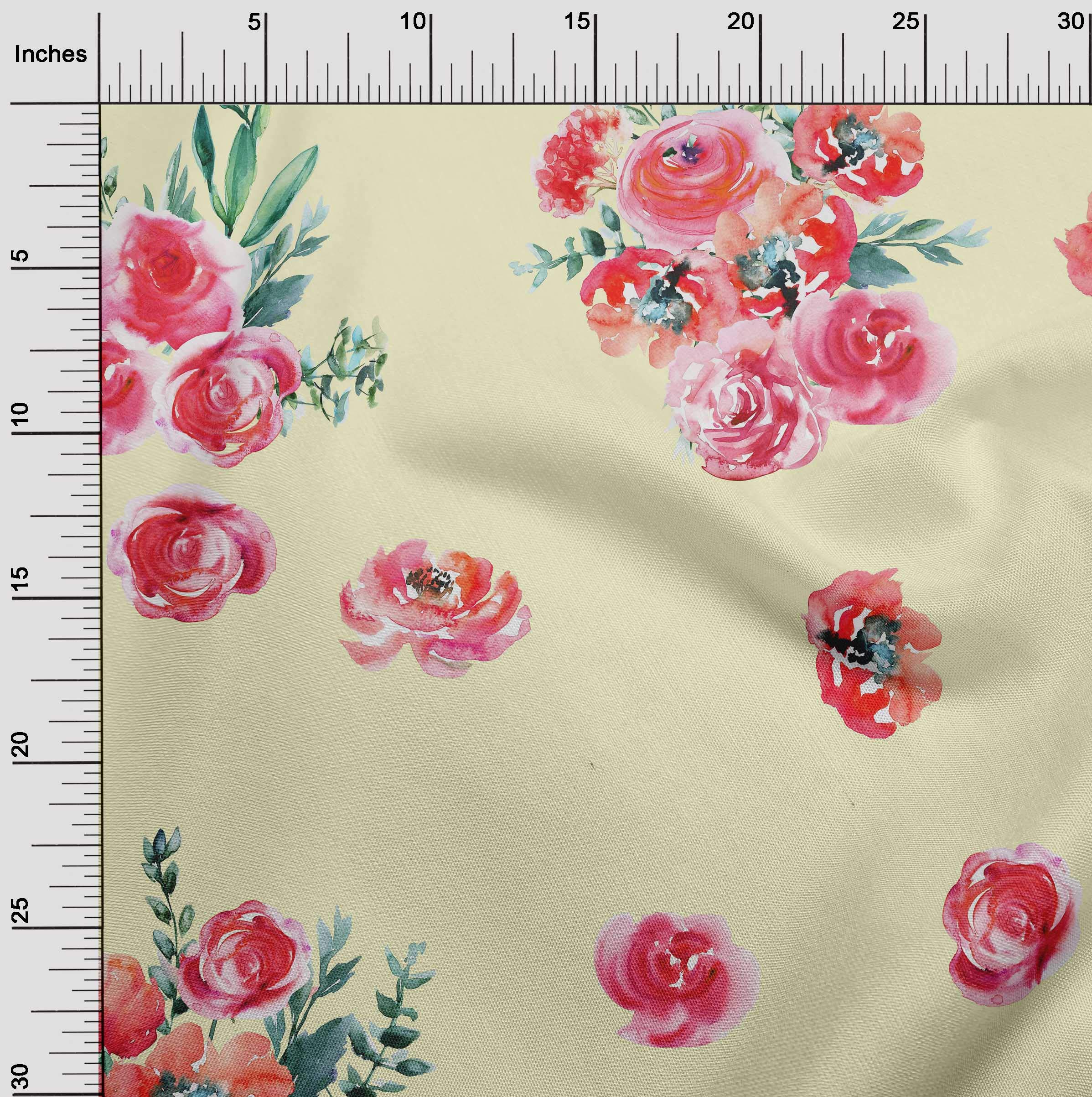 oneOone Viscose Jersey Fabric - 60 Inch Wide Floral Watercolor Print with Leaves & Peach Design - Soft Draping Fabric for Dresses, Scarves & DIY Sewing Projects