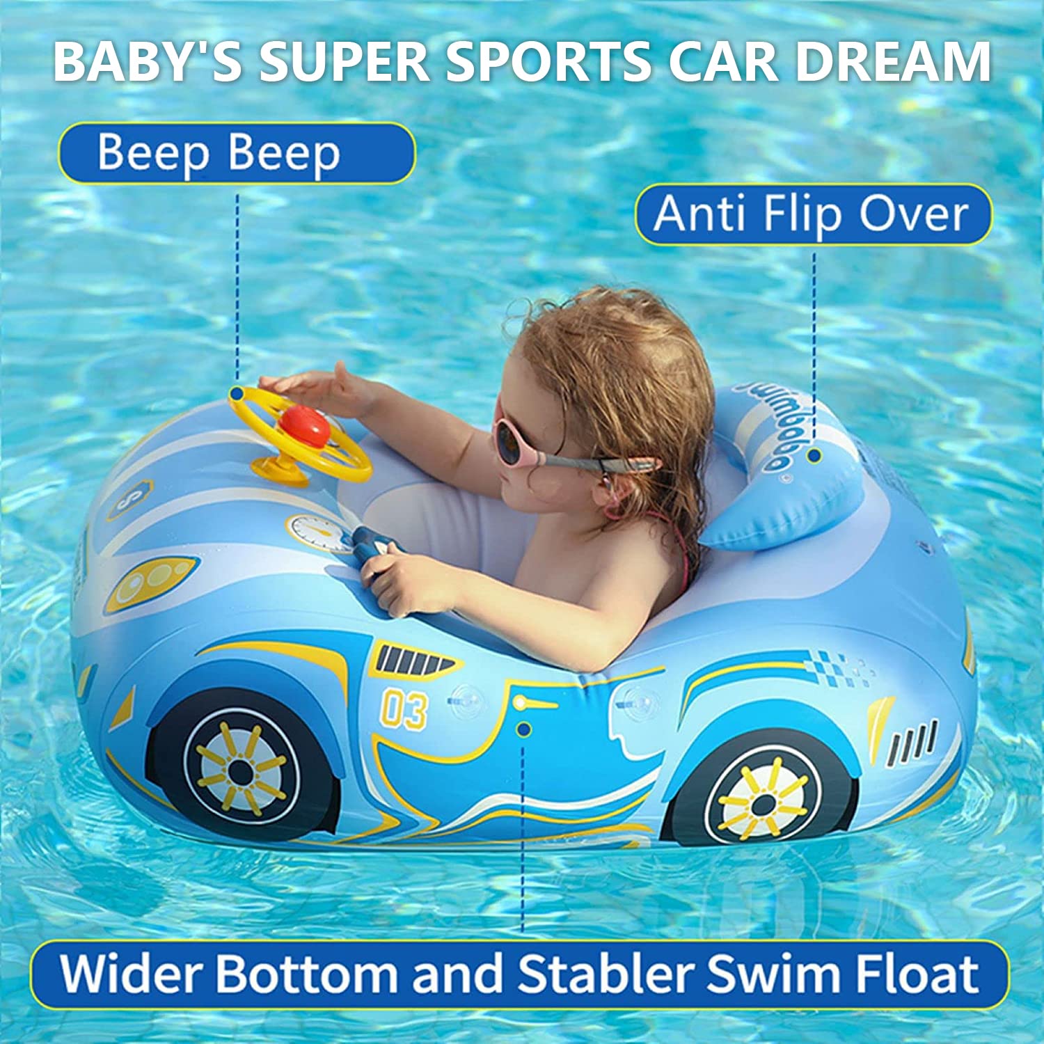 3D Car Design Baby Pool Float - Heavy Duty PVC Toddler Swim Float with Steering Wheel for Kids 12-24 Months & 2-4 Years - Perfect for Summer Pool Parties, Beach Vacations & Backyard Swimming Fun (Girls & Boys)