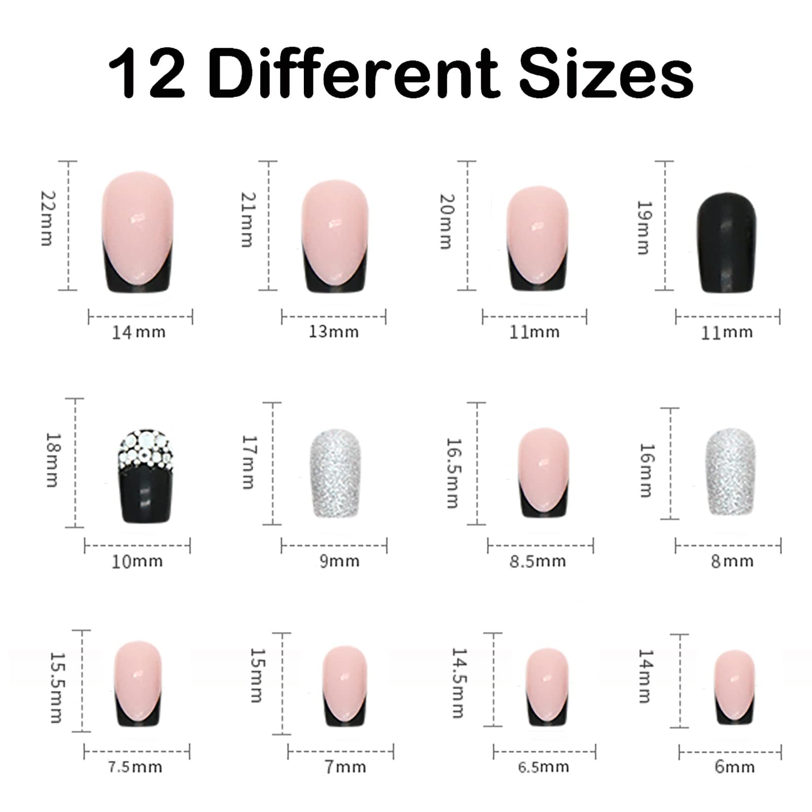 Black Silver Glitter Diamond French Press On Nails - Medium Long Square Acrylic Fake Nails Set with Nail Glue | Full Cover Reusable Stick On Nails for Women & Girls | Perfect for Parties, Weddings & Special Occasions