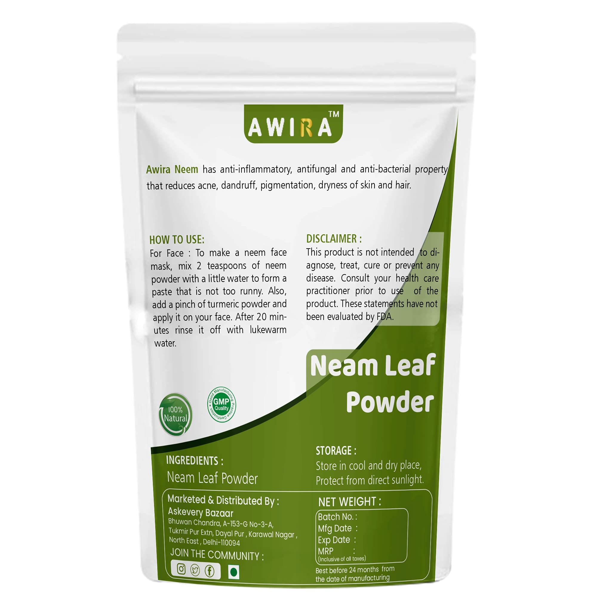 Awira 100% Pure Neem Leaf Powder for Skin & Hair Care - 250g Natural Ayurvedic Treatment for Acne, Dandruff & Scalp Health | DIY Face Masks, Hair Packs & Organic Beauty Recipes
