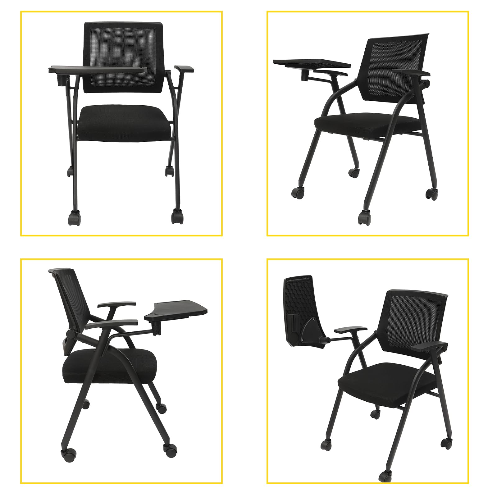 Right-Handed Tablet Arm Chair - 1 Pack Black Mesh Executive Office Chair with Caster Wheels for Conference Rooms, Waiting Areas & Guest Reception - Stackable Ergonomic Desk Chair for Work & Meetings