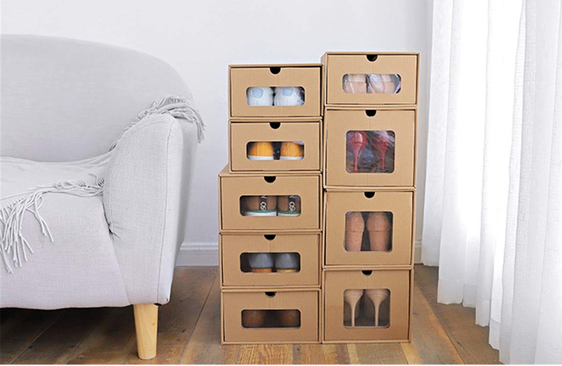 DIY Clear Shoe Storage Boxes - 10 Pack with Dividers for Organizing Shoes, Socks & Underwear | Stackable Cardboard Shoe Box Organizer for Closet, Bedroom & Dorm Room Storage Solutions