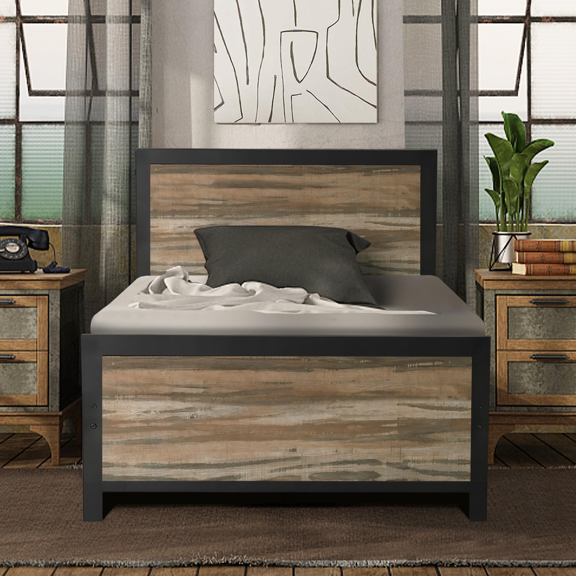 **Catrimown Twin Bed Frame with Wooden Headboard - Rustic Platform Bed, No Box Spring Needed, Sturdy Slat Support, 12