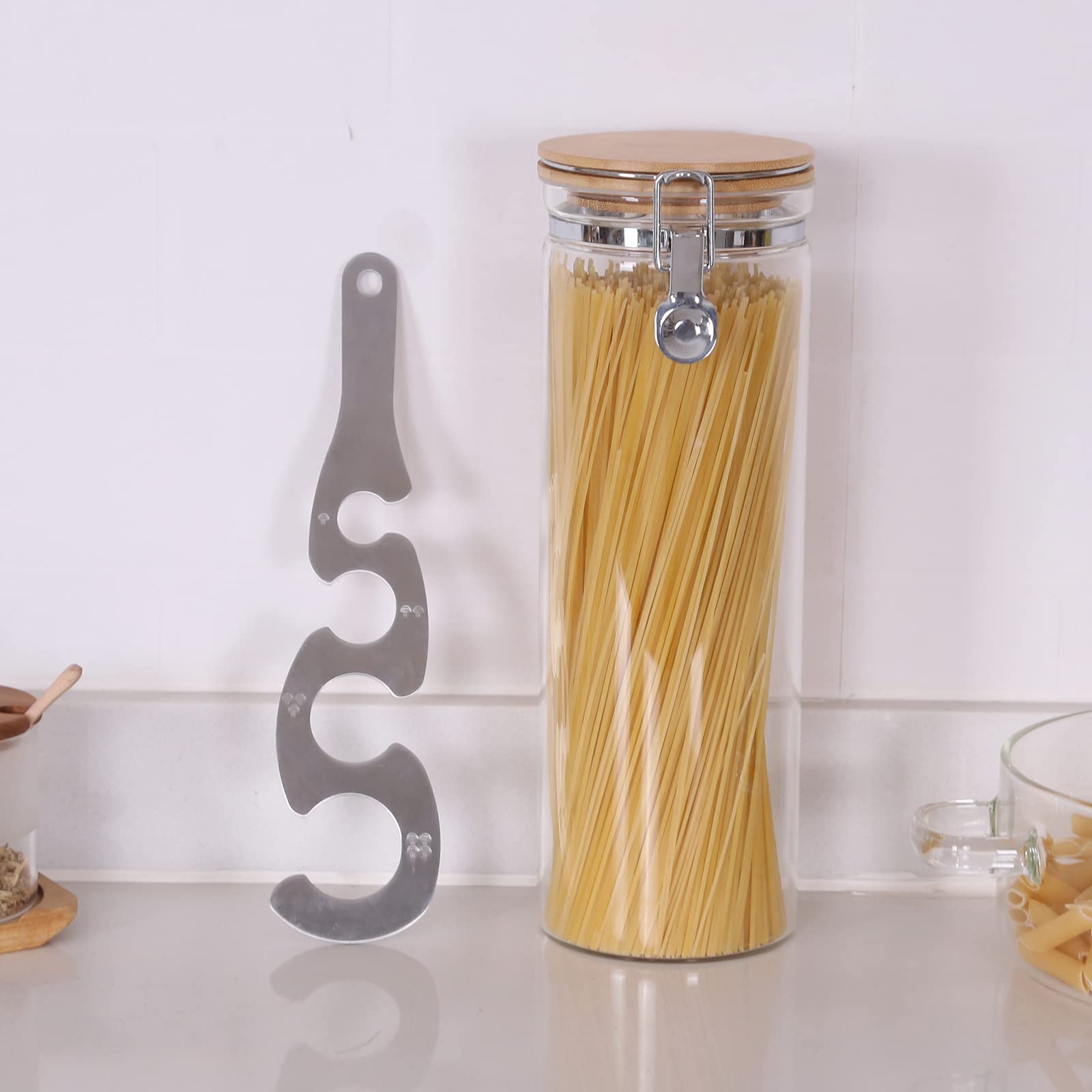 KKC HOME ACCENTS 68oz Glass Pasta Storage Container with Measuring Tool & Bamboo Lid - Airtight Spaghetti & Noodle Organizer for Kitchen Pantry - Perfect for Meal Prep, Bulk Food Storage, and Countertop Display