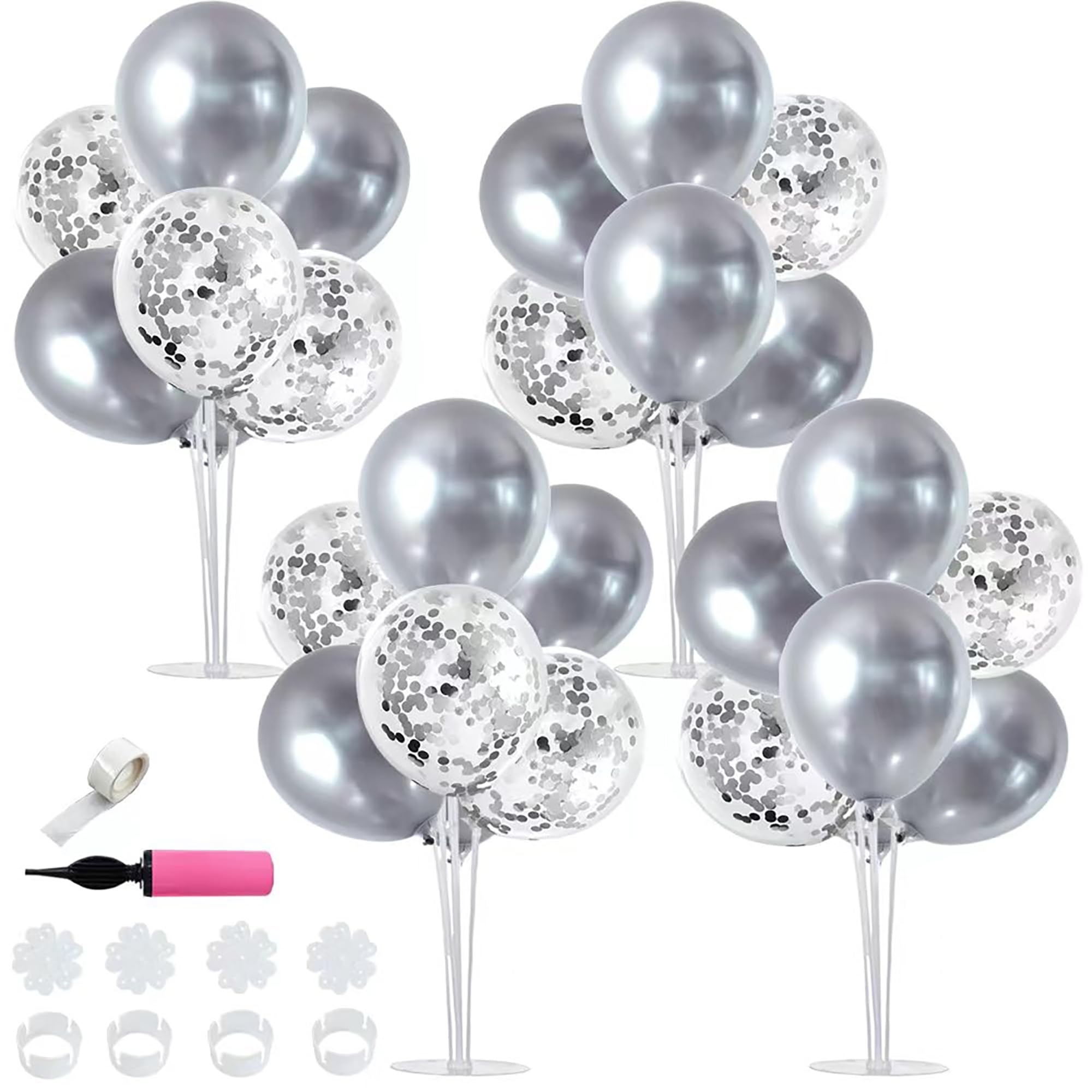 TONIFUL 4 Silver Balloon Stand Centerpiece - Elegant Table Decor for 25th Wedding Anniversary, Birthday, Bridal Shower, Graduation Party, New Year 2025 & Christmas Celebrations - Perfect for Wedding Receptions, Baby Showers, and Holiday Home Decor