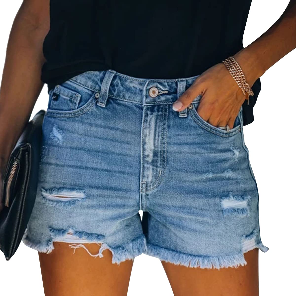 Vanberfia Women's Stretch Denim Mid Rise Jean Shorts with Pockets - Comfortable High Waist Distressed Denim Shorts for Summer, Casual Wear, Beach & Outdoor Activities