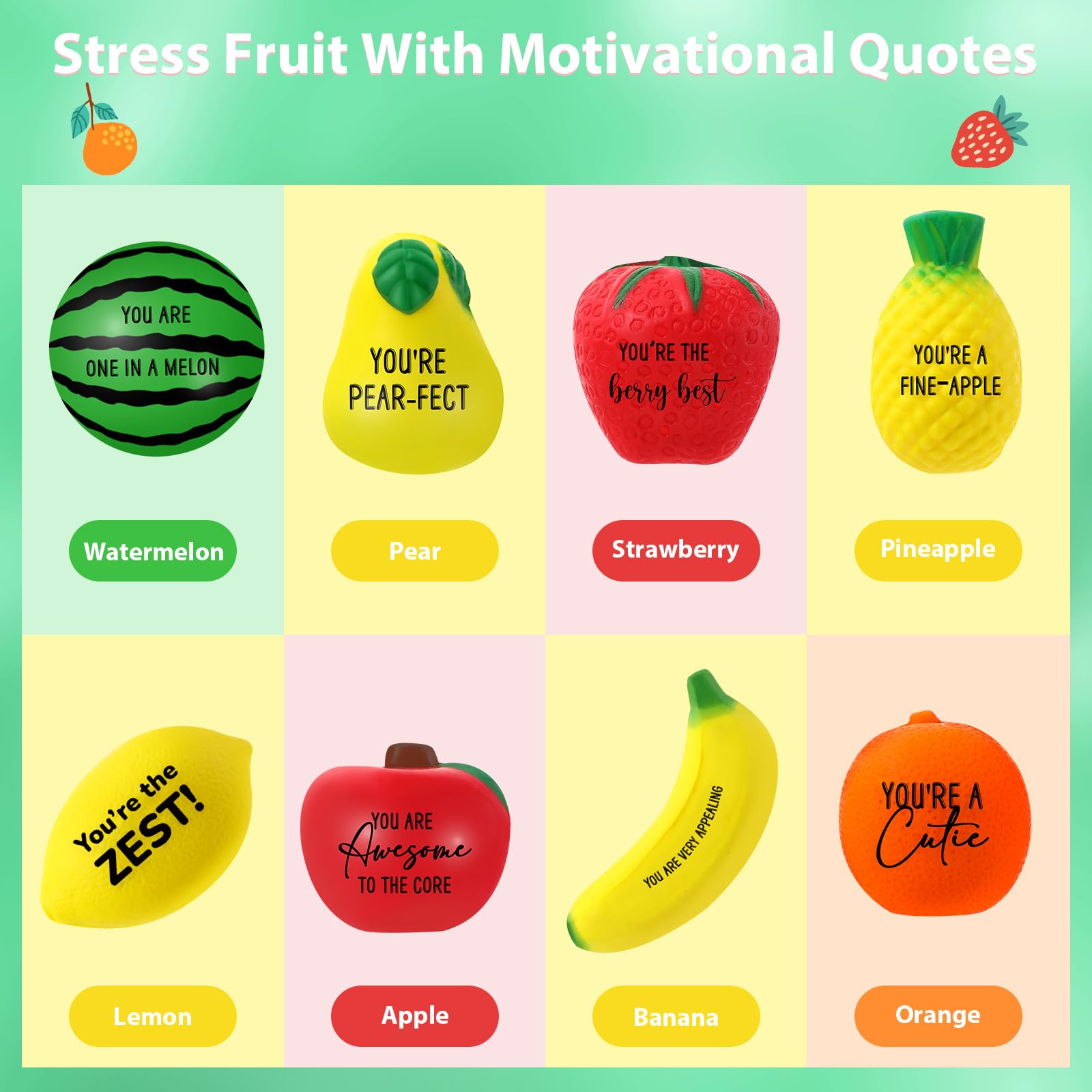 Outus 24-Piece Bulk Fruit Stress Balls Set - Inspirational Squeeze Toys for Office, Graduation Party Favors (Watermelon, Veggie Shapes) - Perfect for Coworkers, Employees & Stress Relief at Work or School