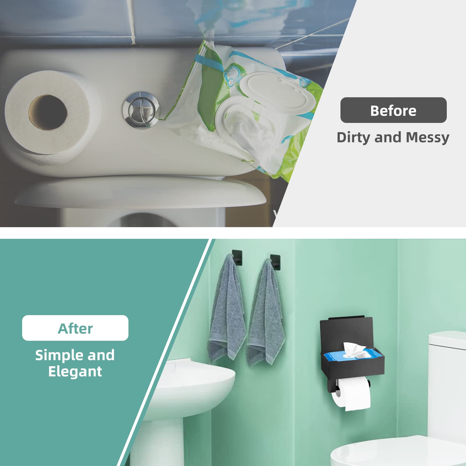 Matte Black Toilet Paper Holder with Shelf & Storage | 2-Pack Towel Robe Hooks | Flushable Wipes Dispenser | Adhesive or Screw Wall Mount | Bathroom Organization for Small Spaces & Modern Homes