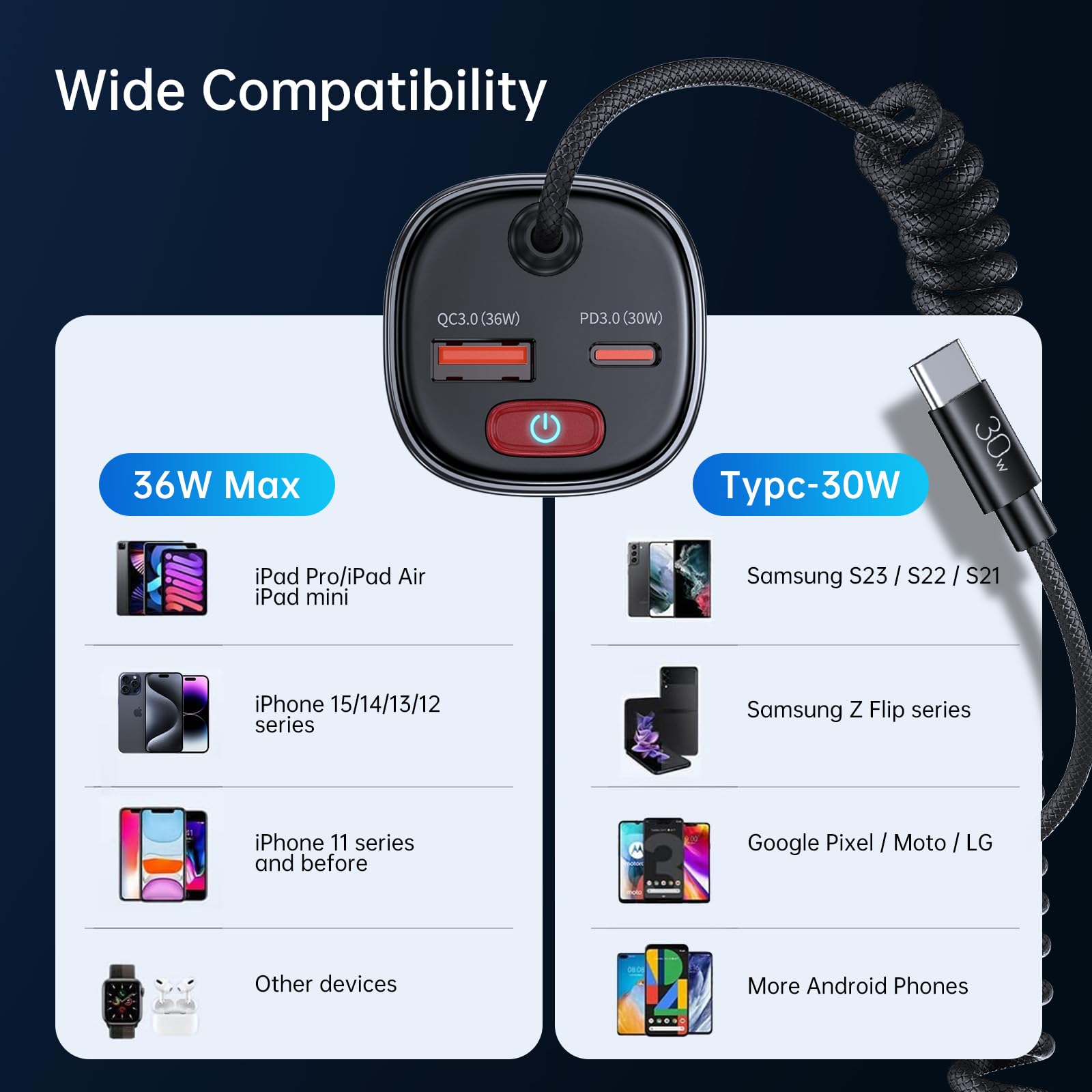 Syncwire 66W Super Fast USB C Car Charger with PD & QC 3.0 - 6FT Coiled Type C Cable - Compatible with iPhone 16/15 Series, Samsung Galaxy, Google Pixel, iPad Pro - Safe Battery Leakage Prevention - Perfect for Road Trips & Long Commutes