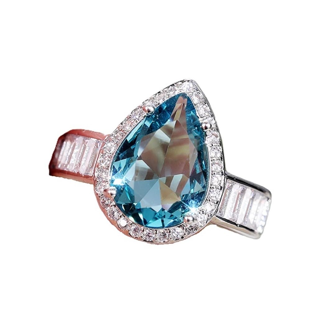 Elegant Waterdrop Pear Shape Cut Aquamarine Gemstone & Baguette CZ Zircon Promise Ring - Bridal Eternity Engagement Wedding Jewelry for Women - Perfect for Proposals, Anniversaries & Romantic Gifts