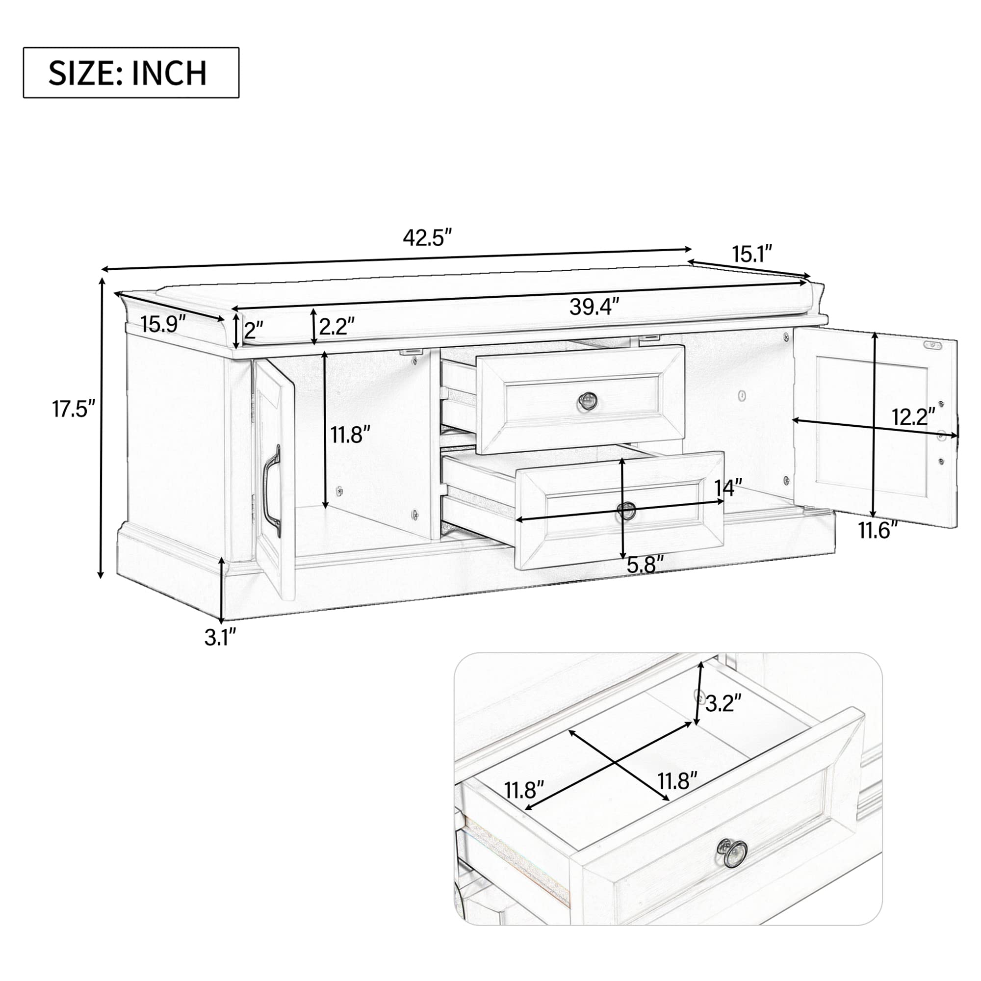 Merax 2-Drawer 2-Cabinet Storage Bench with Removable Cushion - Espresso Shoe Bench for Entryway, Living Room & Bedroom - Perfect for Organizing Shoes, Blankets & Home Decor